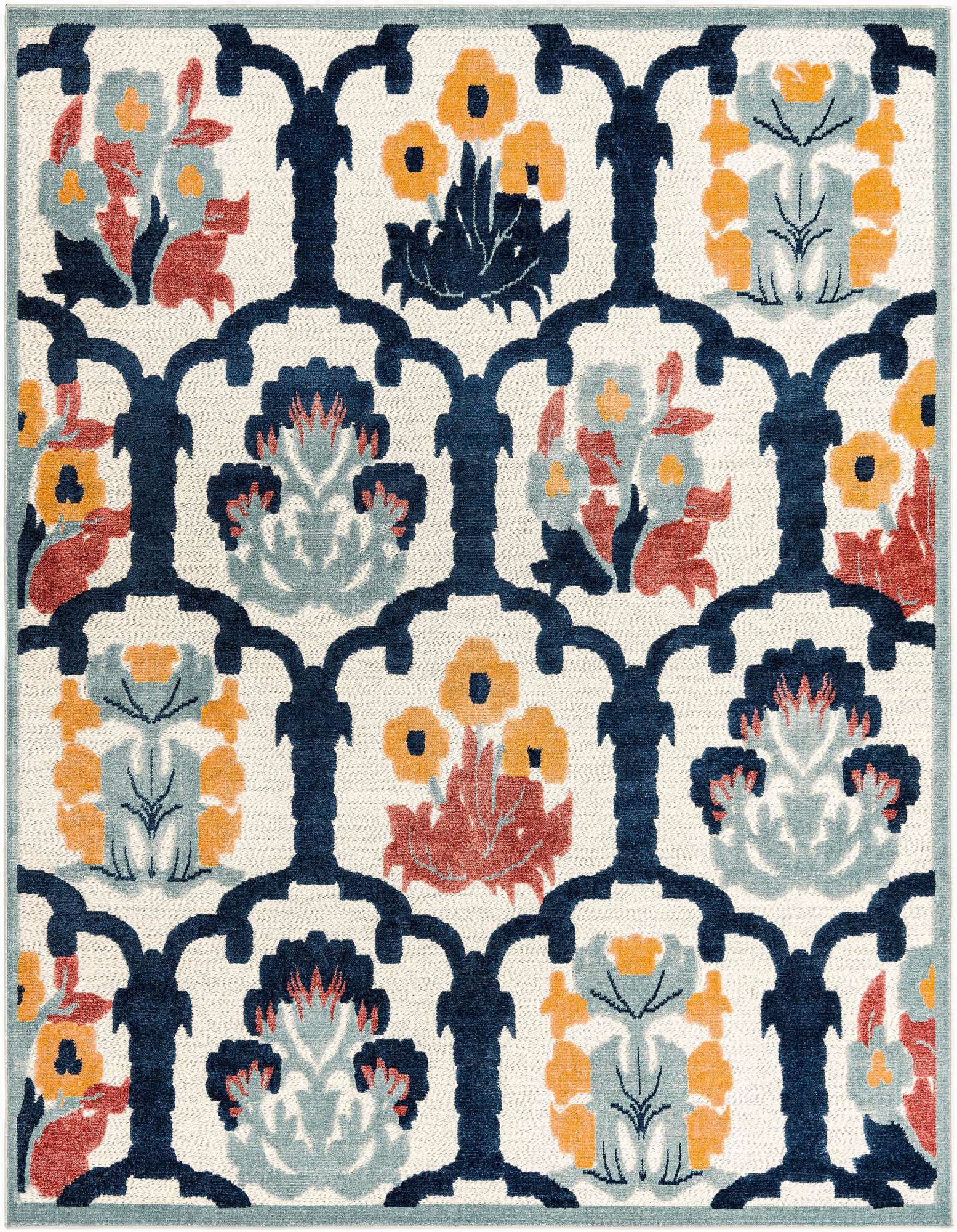 8x10 rectangular ivory and blue botanical trellis rug with orange and red floral accents, suitable for indoor or outdoor spaces.