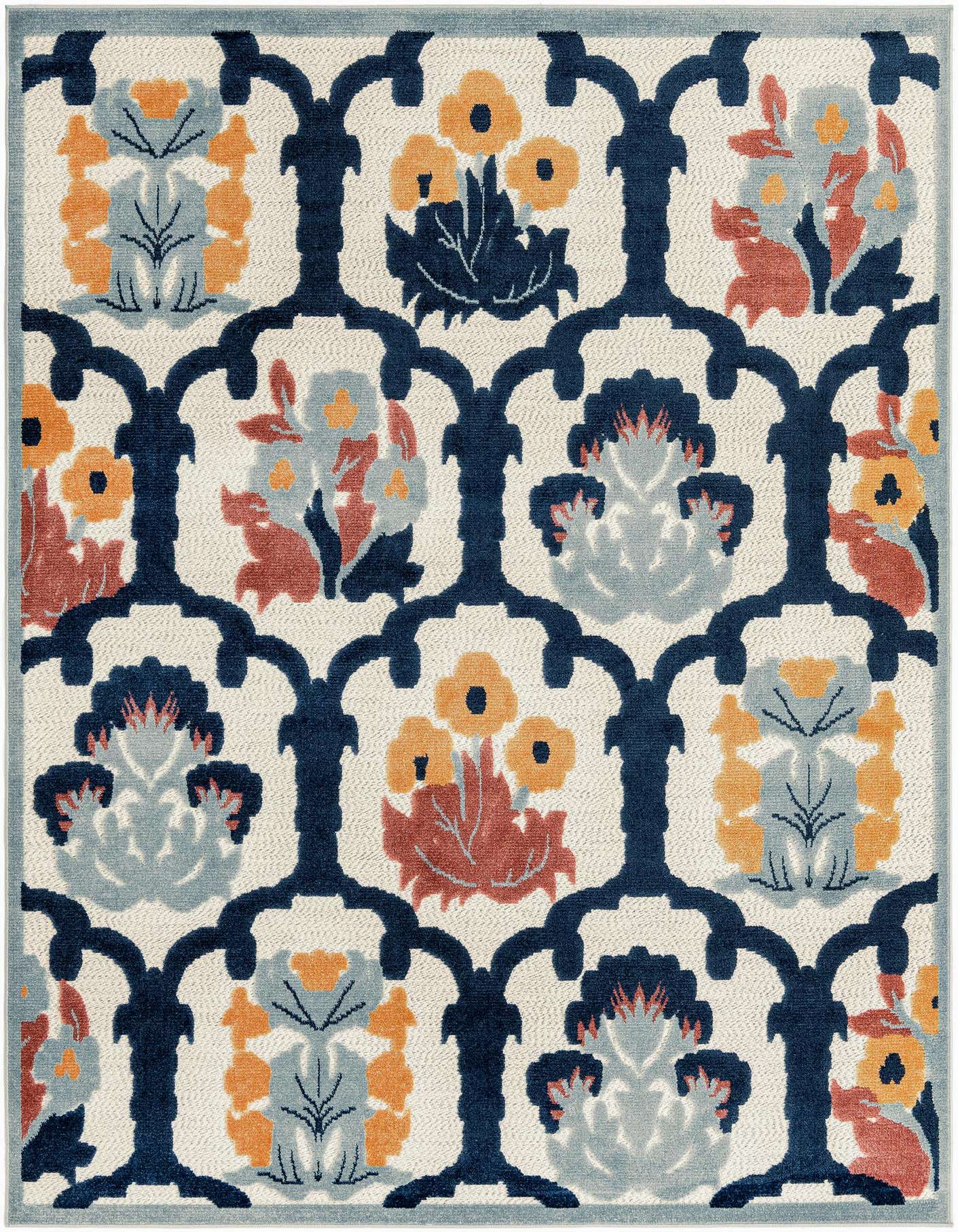 A 7x10 rectangular ivory rug with a modern botanical trellis pattern in navy, light blue, orange, and rust.