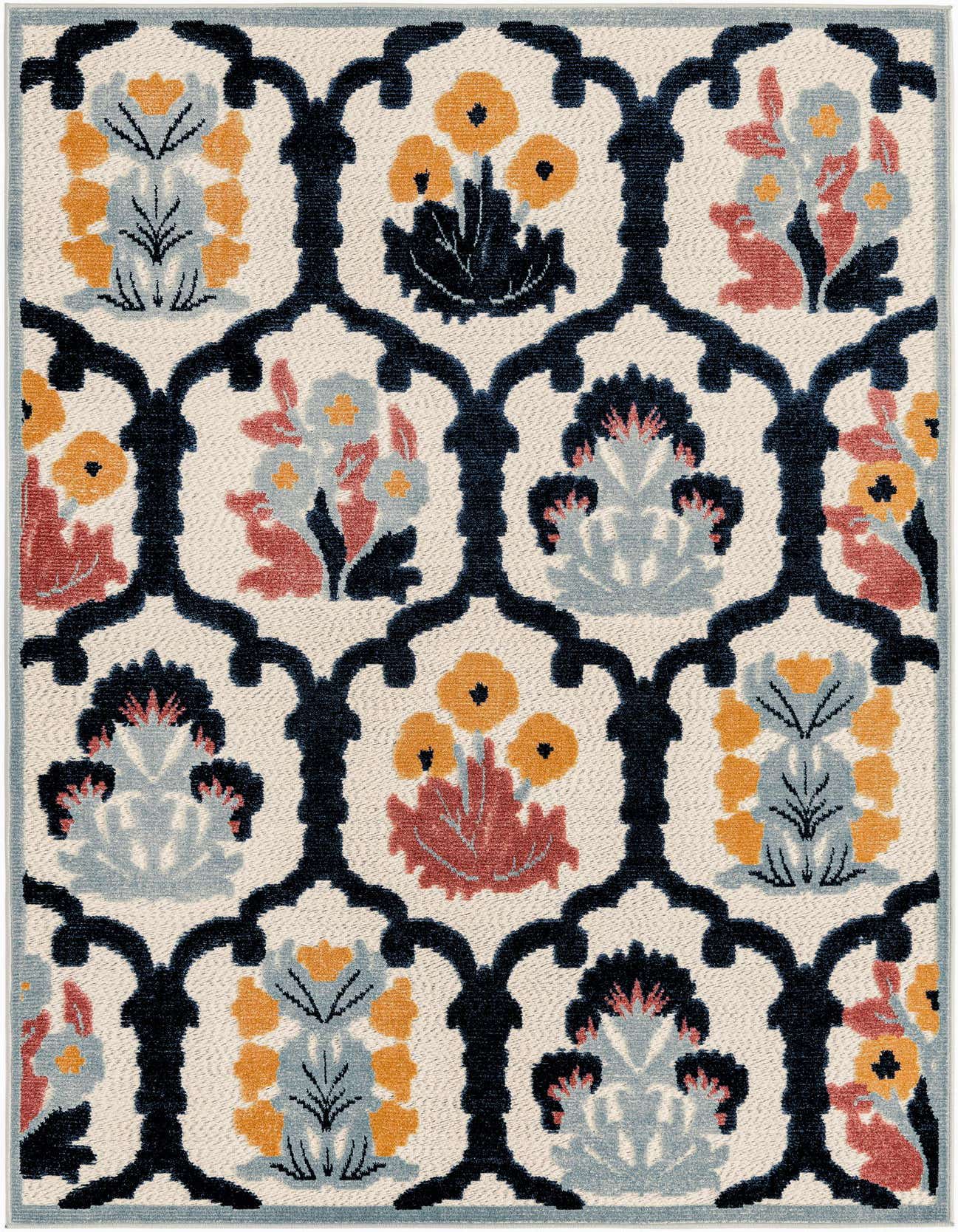 A 5x8 rectangular ivory indoor/outdoor rug with a modern botanical trellis pattern in navy, rust, and gold.