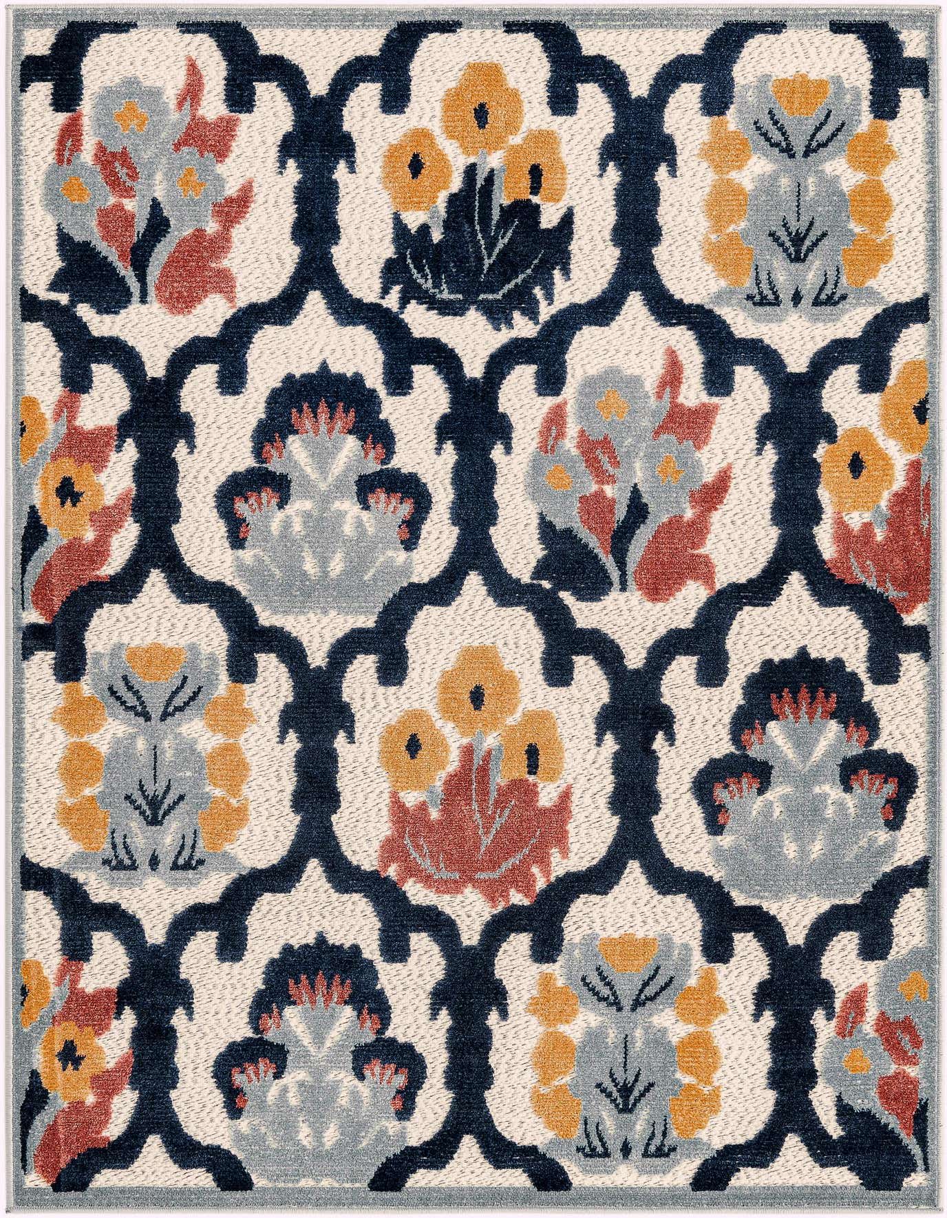 A 4x6 rectangular ivory rug with a modern botanical trellis pattern in navy, rust, and gold, suitable for indoor/outdoor use.