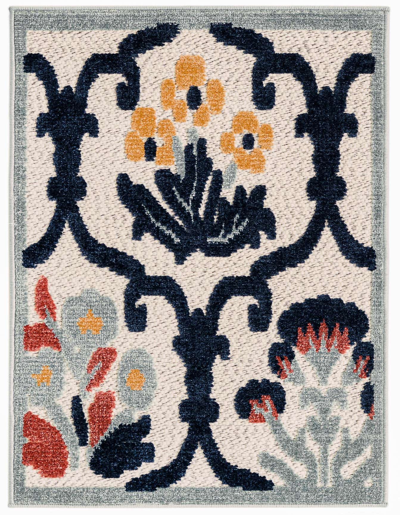 A 2x3 rectangular ivory outdoor rug with a modern botanical trellis pattern in navy, orange, and light blue, featuring a light blue border.