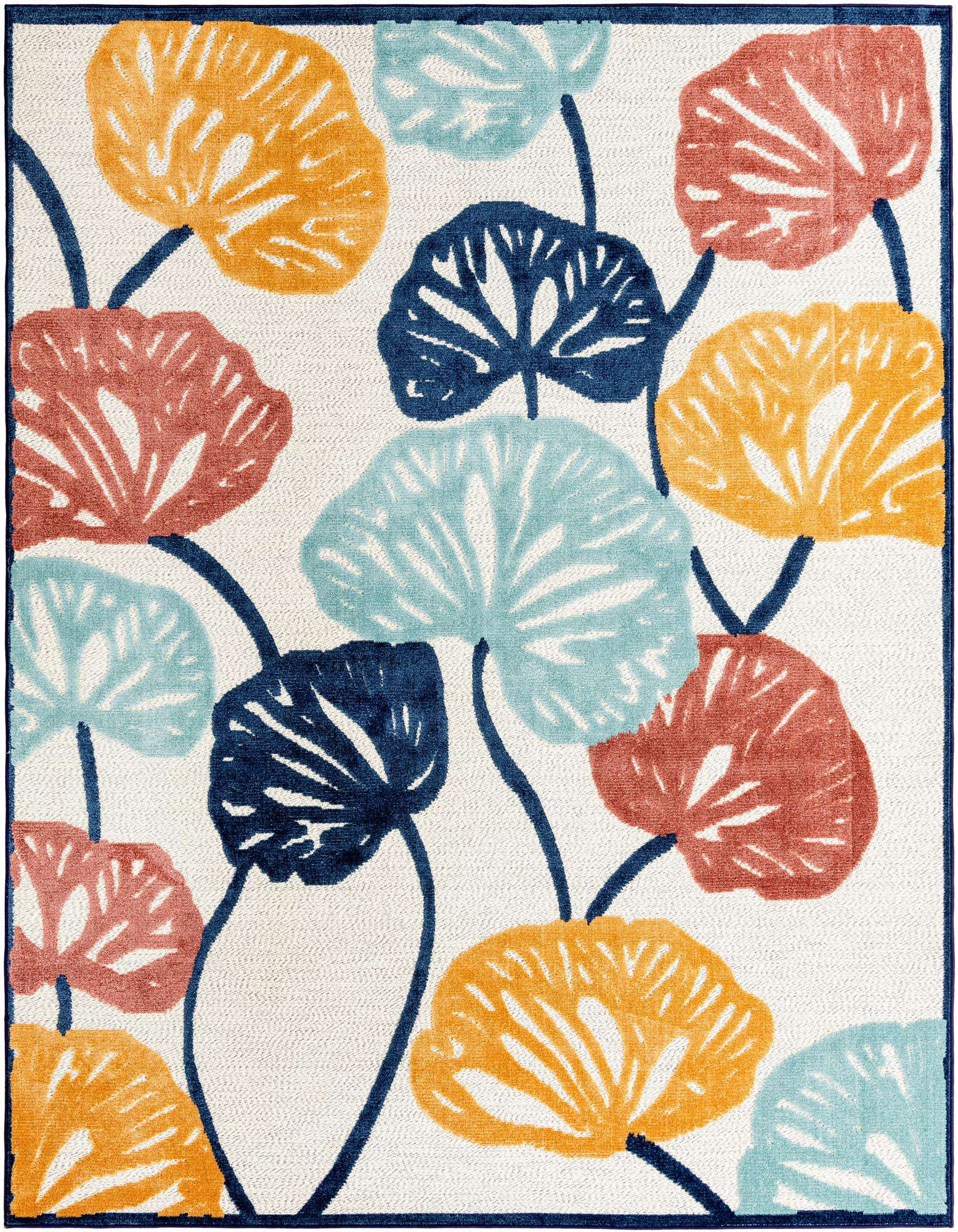 An 8x10 rectangular ivory rug with a modern botanical pattern featuring large, colorful leaves in coral, light blue, dark blue, and orange.