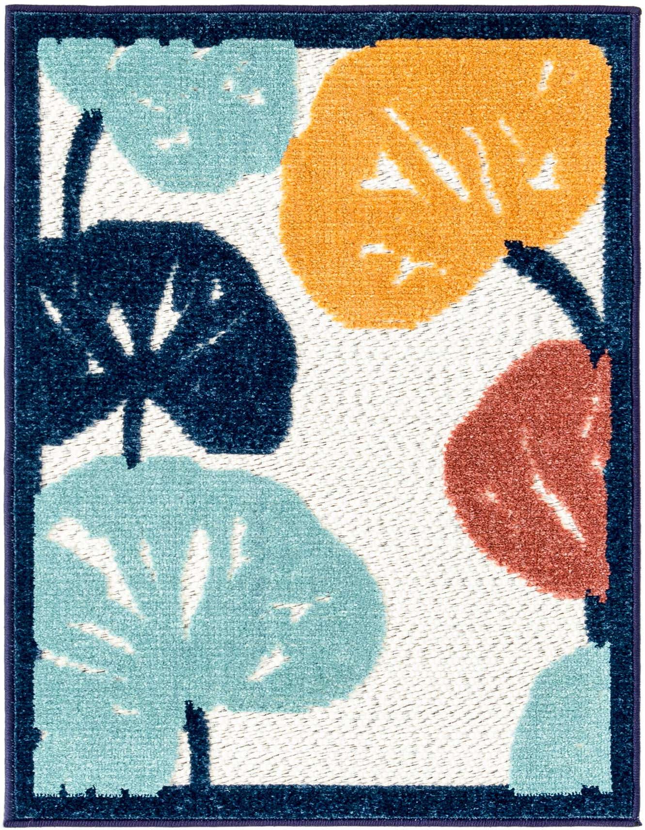 A 2x3 rectangular rug with a modern botanical pattern featuring large teal, orange, and navy leaves on an ivory background, framed by a navy border.