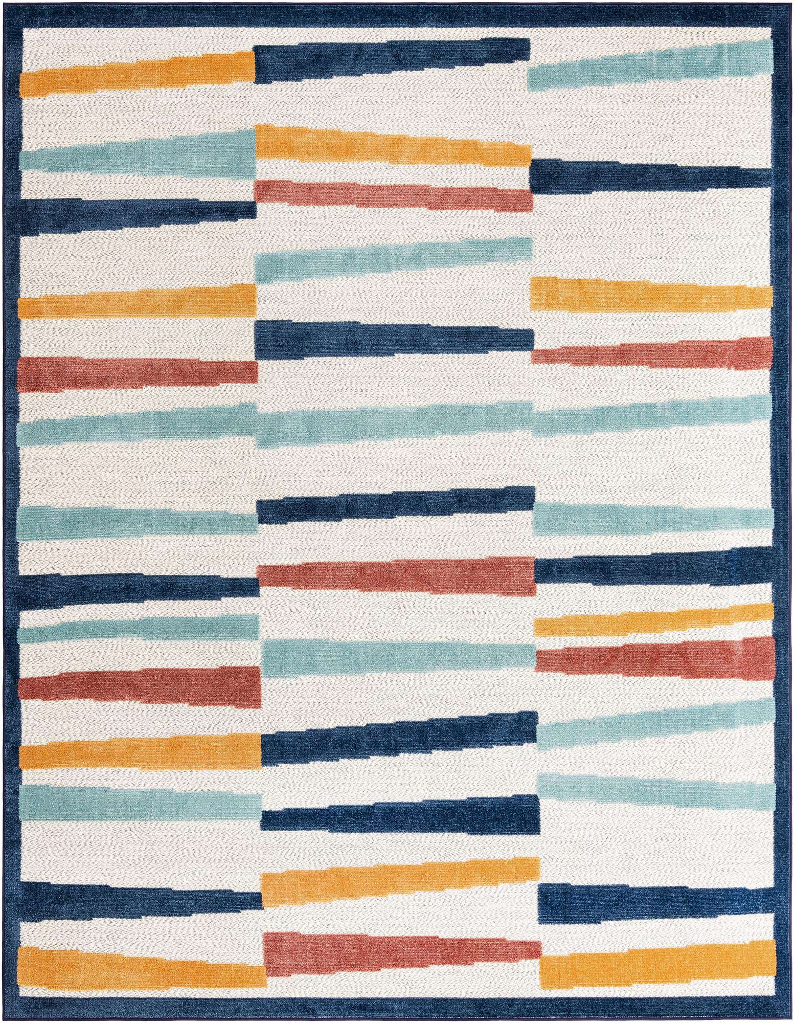8x10 rectangular ivory rug with a modern coastal stripe pattern in blue, teal, orange, and terracotta, framed by a solid blue border.