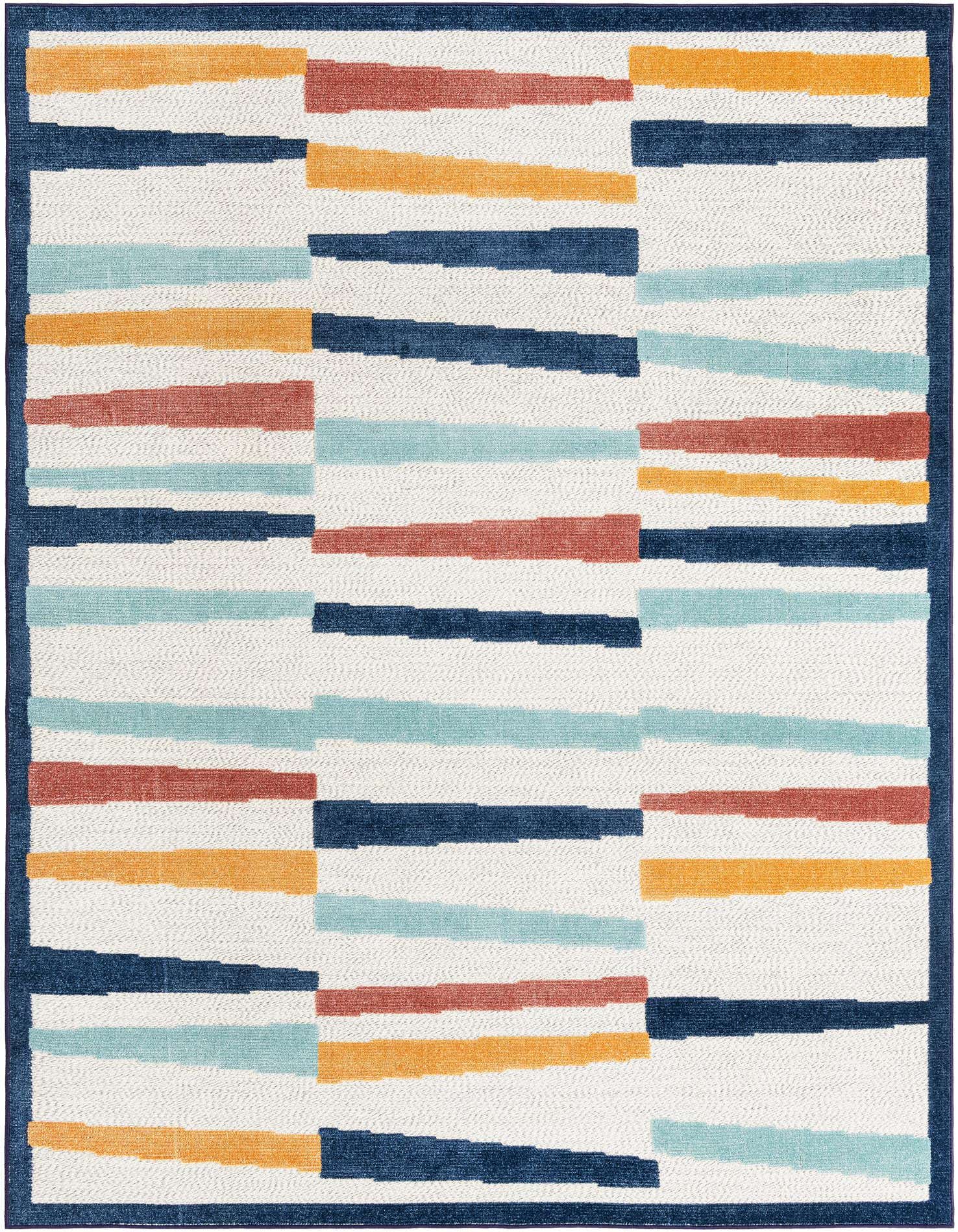 A 7x10 rectangular ivory rug with a modern coastal stripe pattern in blue, teal, orange, and red, framed by a dark blue border.