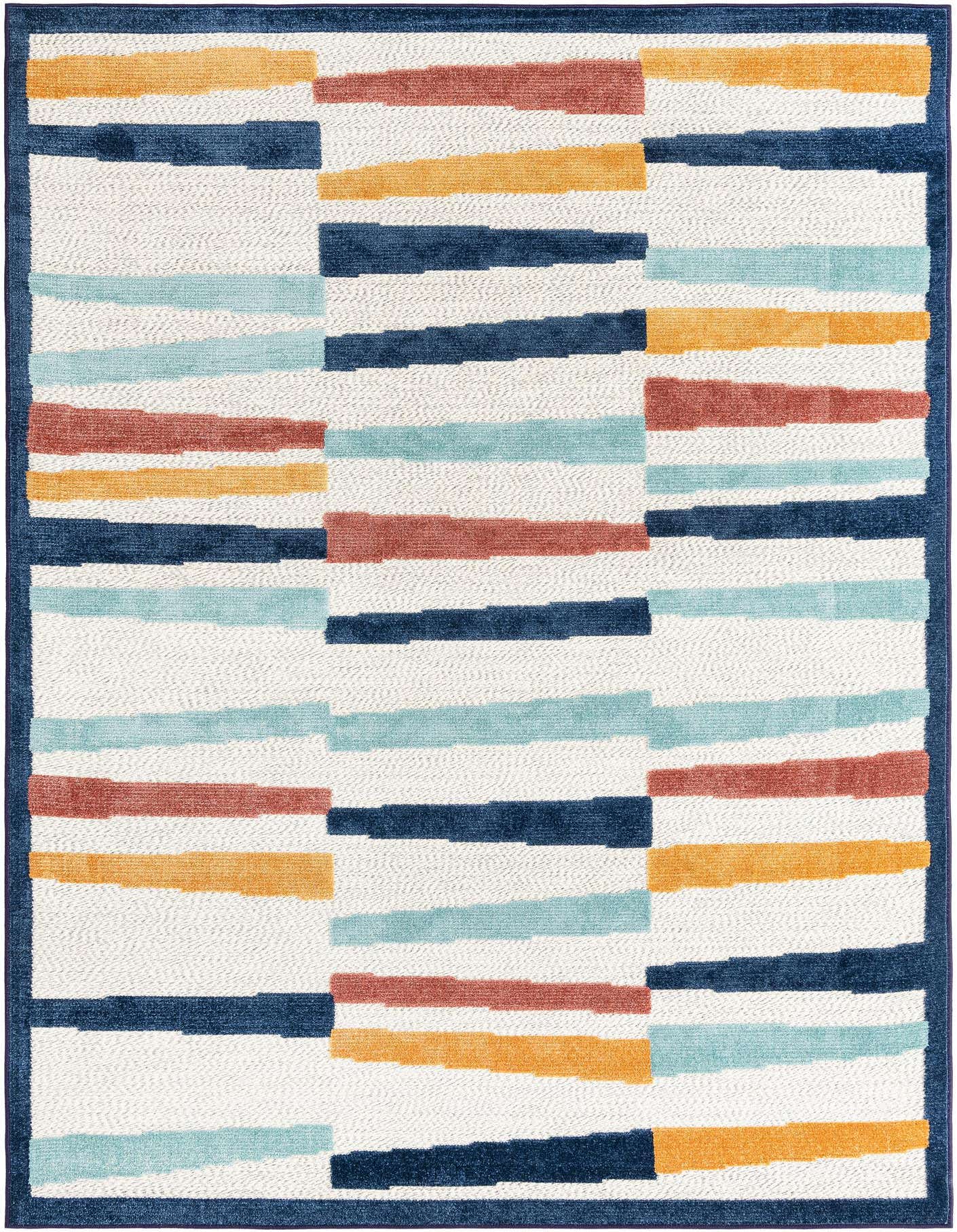 A 6x9 rectangular ivory rug with a modern coastal stripe pattern in blue, teal, orange, and rust, framed by a dark blue border.