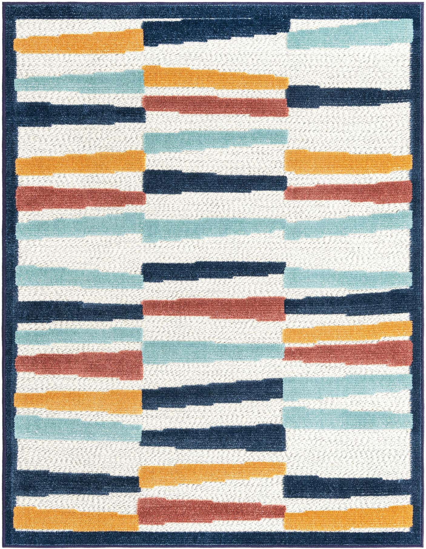 A 4x6 rectangular indoor/outdoor rug with a modern coastal stripe pattern in ivory, navy, teal, rust, and orange.