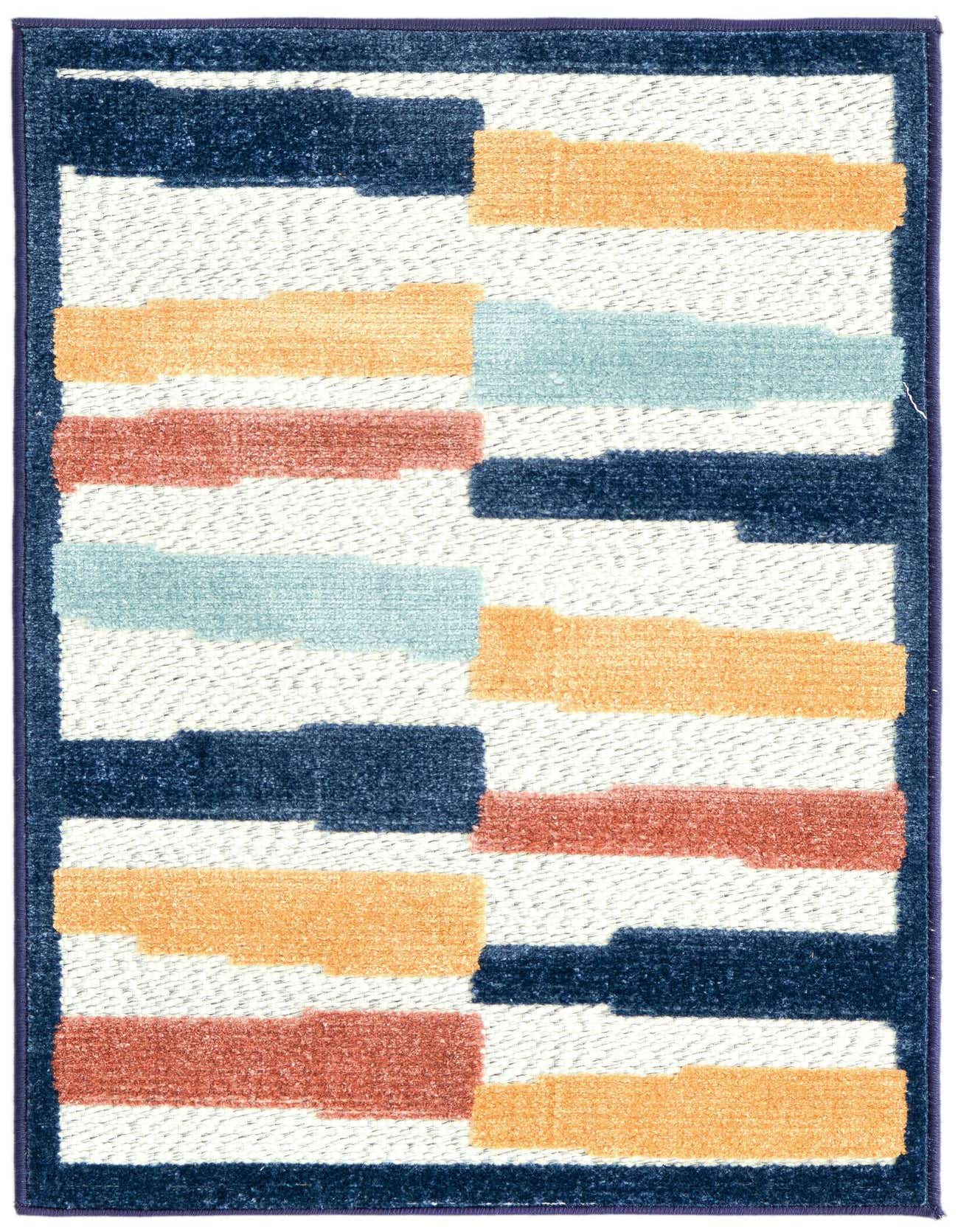 A 2x3 rectangular rug with a modern coastal stripe pattern in ivory, navy, orange, and light blue, featuring a textured pile.