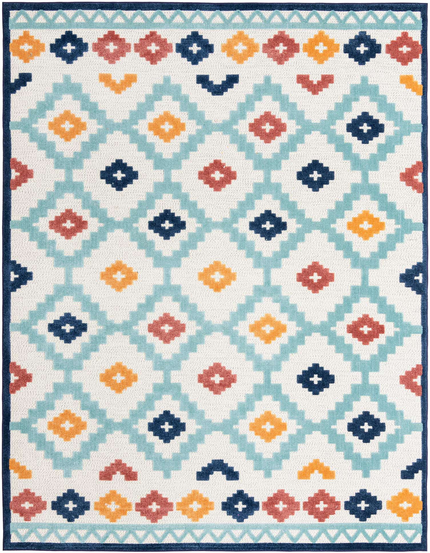 A 9x12 rectangular ivory and multi-color bohemian rug with a tribal trellis pattern, suitable for indoor or outdoor spaces.