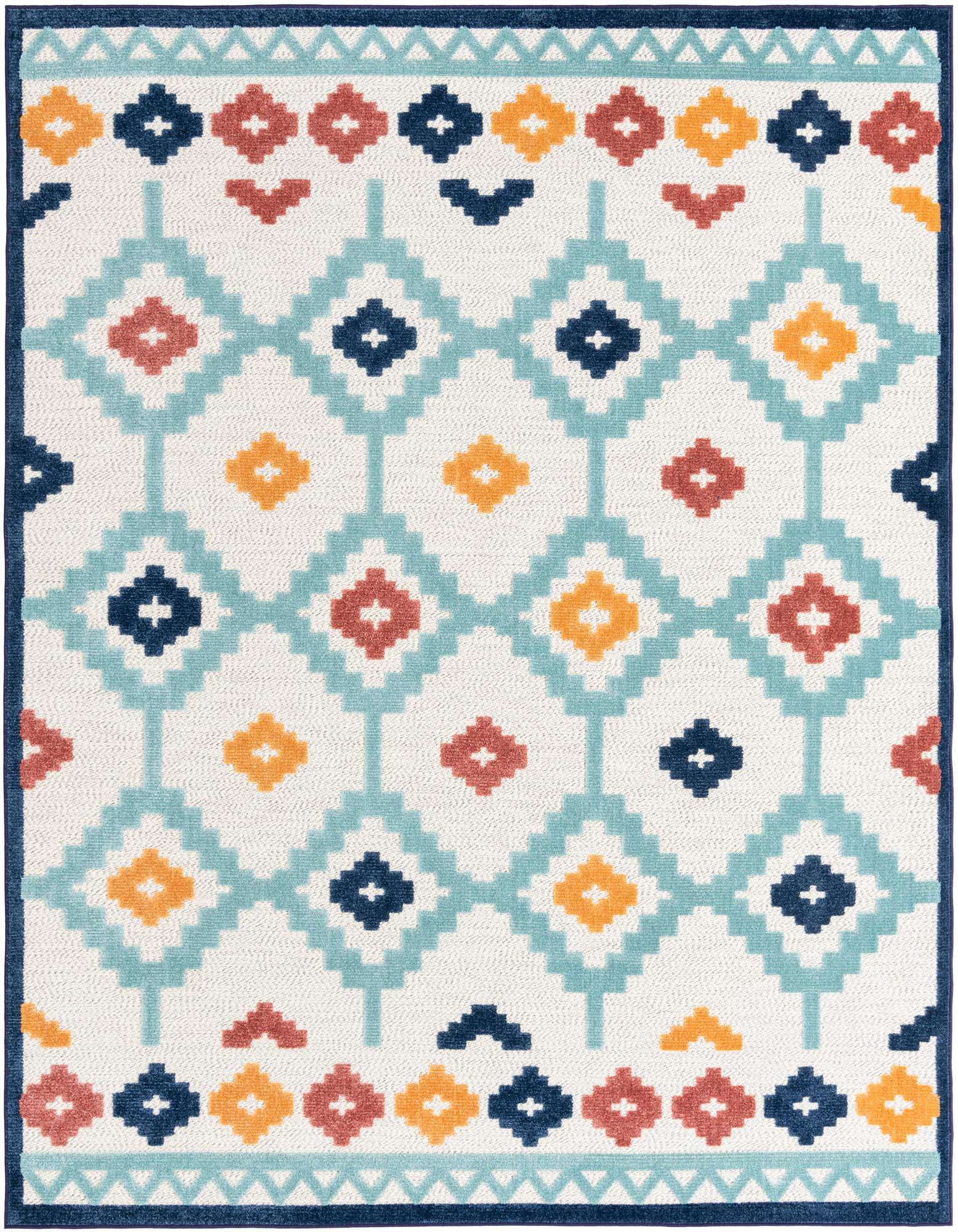 An 8x10 rectangular ivory rug with a vibrant geometric pattern in teal, navy, orange, and terracotta, framed by a navy border.