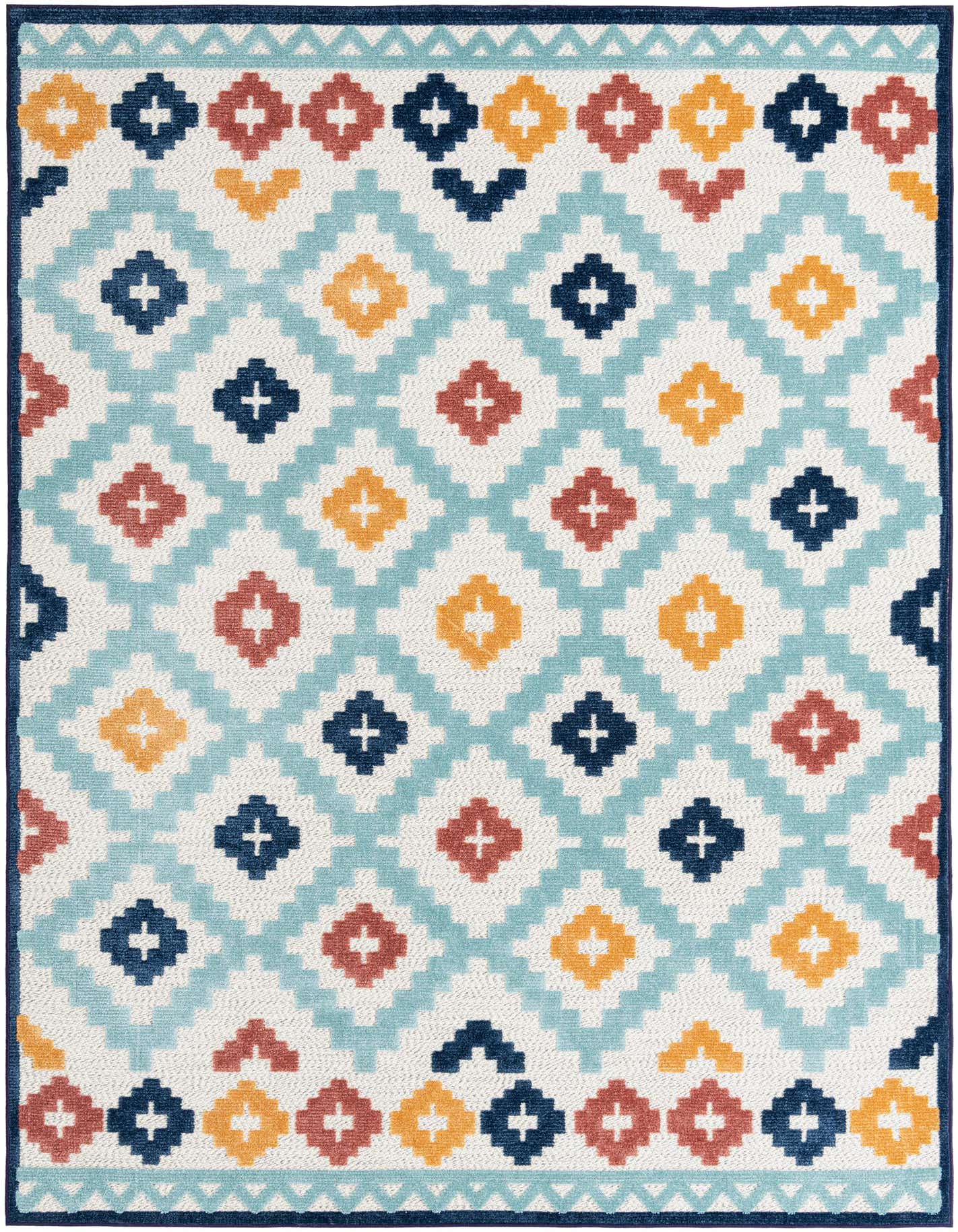 A 7x10 rectangular ivory rug with a colorful geometric tribal pattern in shades of blue, orange, and red, suitable for indoor or outdoor use.