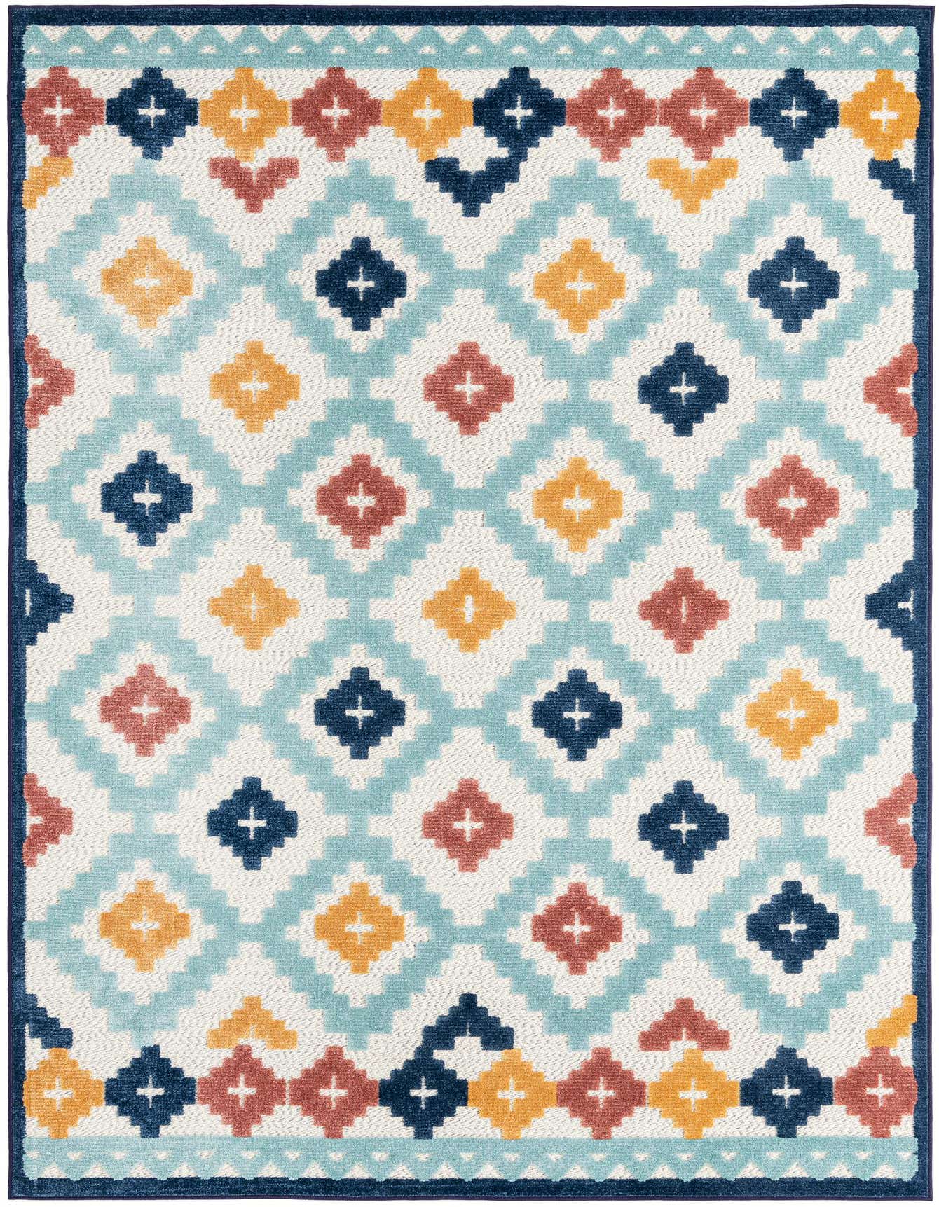 A 6x9 rectangular ivory and multi-color bohemian rug with a trellis pattern, suitable for indoor or outdoor use.