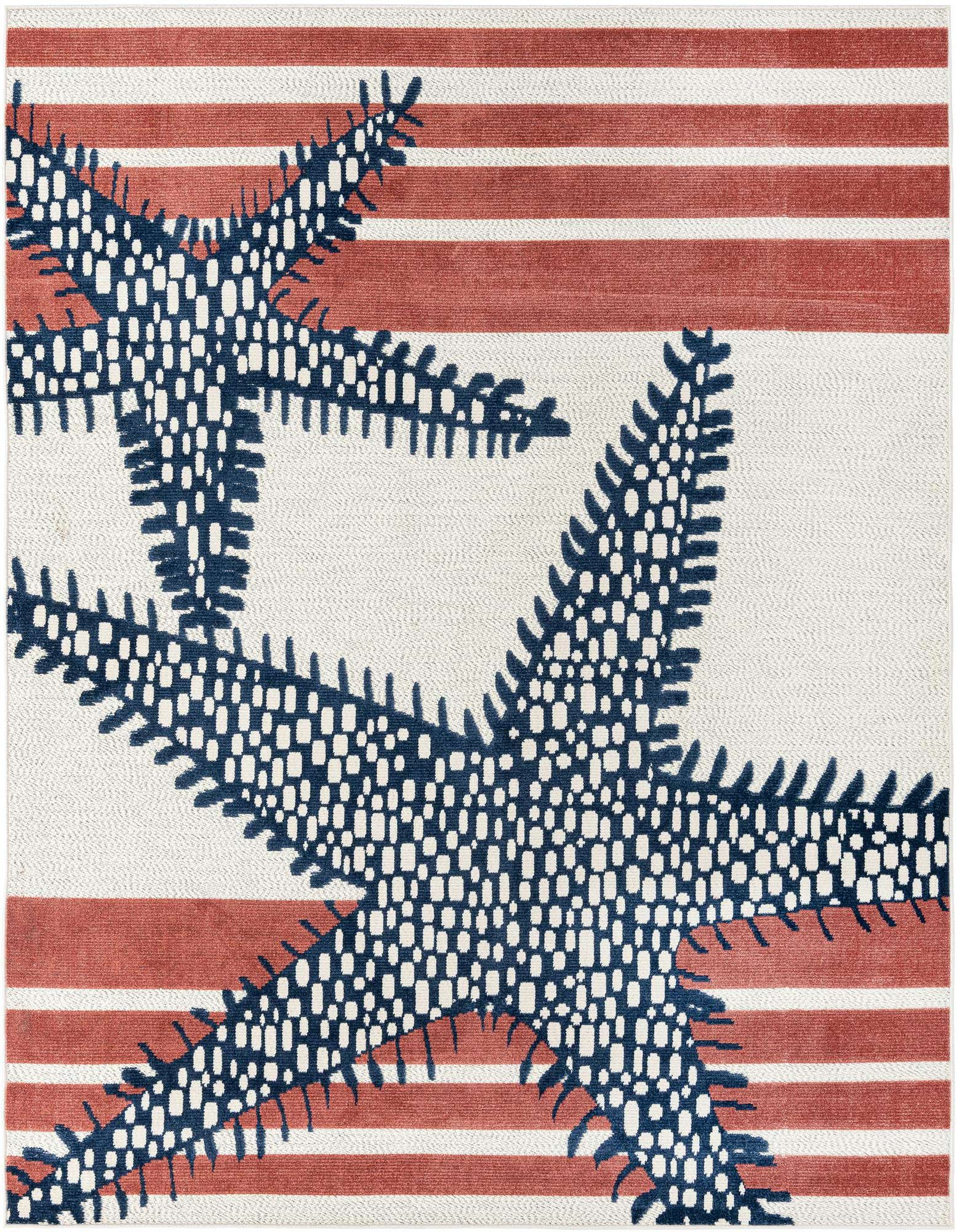 An 8x10 rectangular rug with a large navy blue starfish pattern over an ivory background with horizontal rust-red stripes.