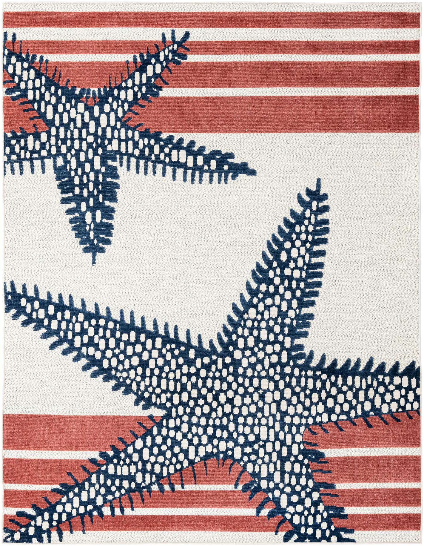 A rectangular 7x10 indoor/outdoor rug featuring large navy blue starfish on an ivory background with bold rust-colored stripes.