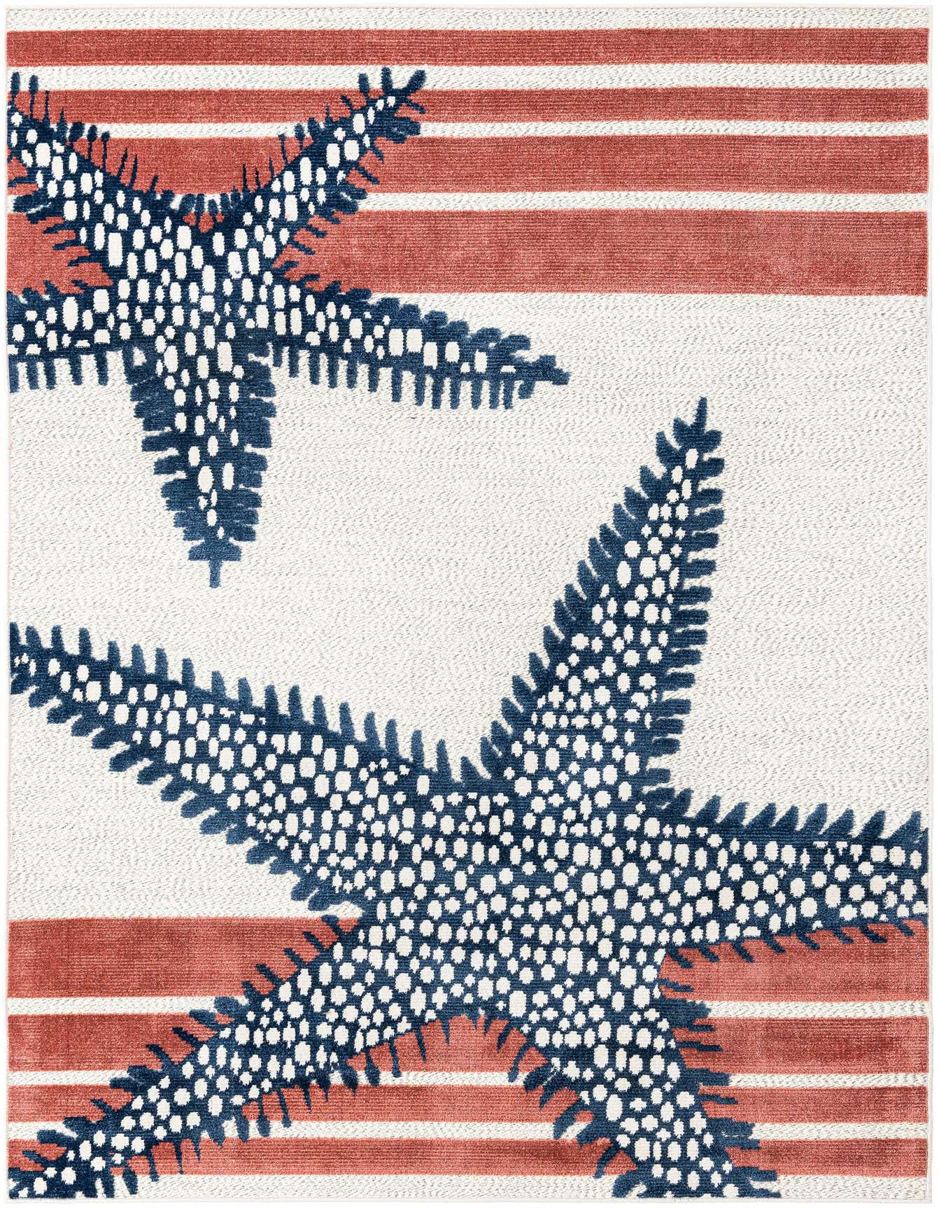 A 6x9 rectangular ivory outdoor rug with large navy blue starfish and horizontal coral red stripes.