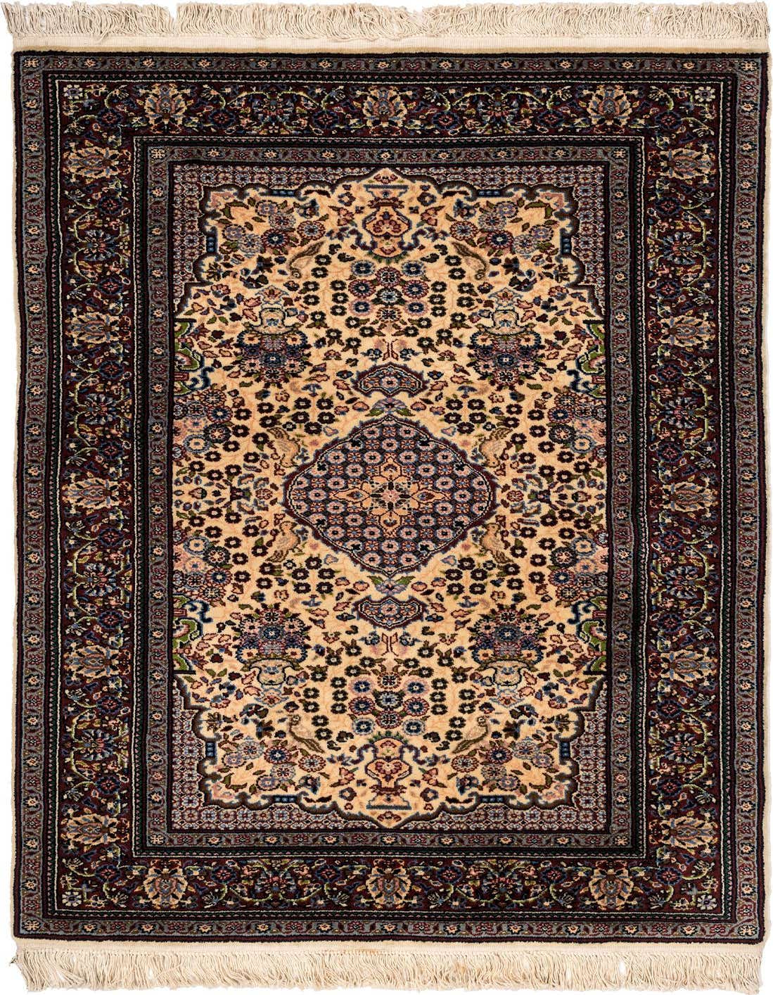 A 3x5 rectangular ivory and cream wool rug with a detailed oriental floral pattern and a dark border, suitable for an entryway.
