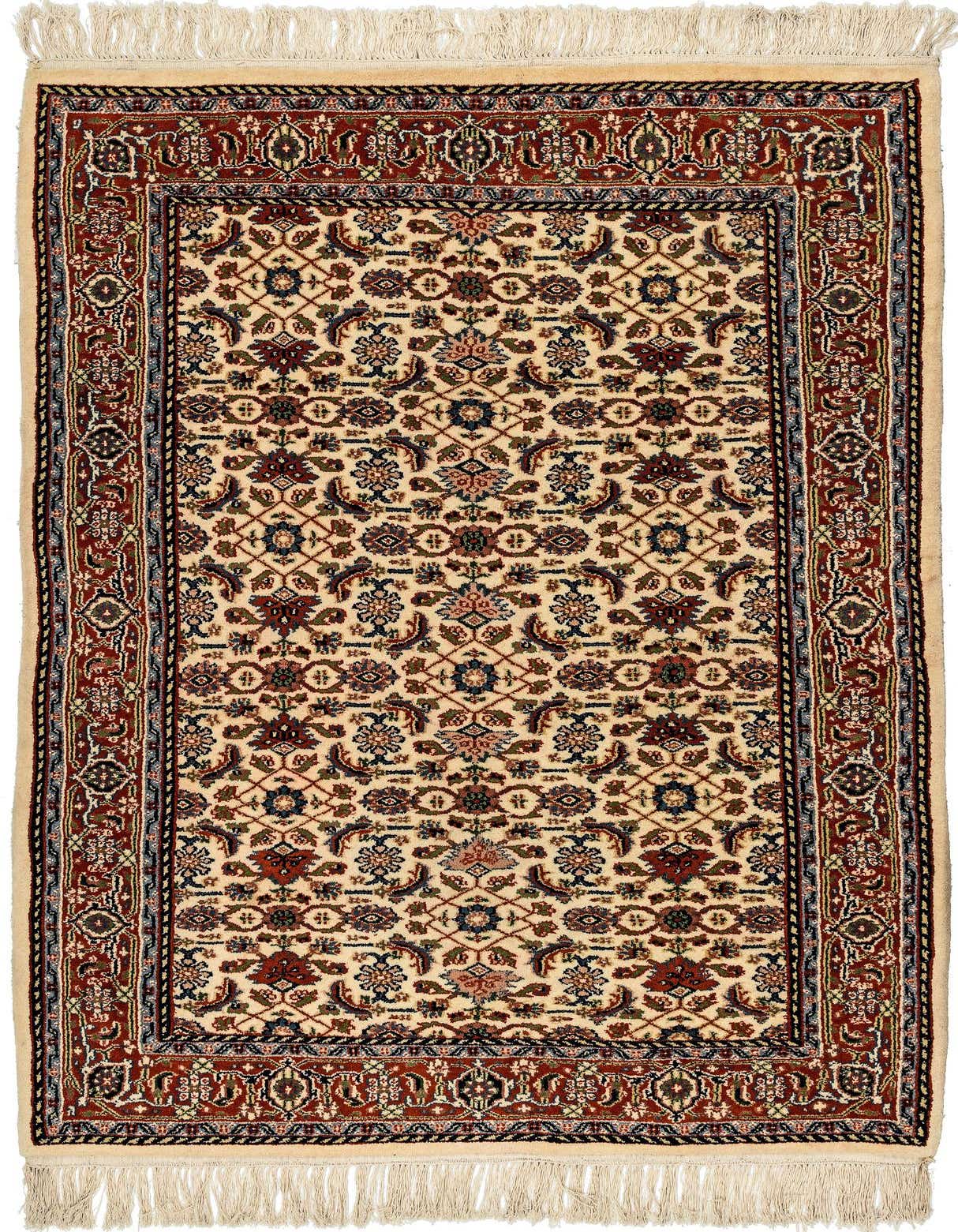 A 4x6 rectangular ivory wool rug with a traditional Oriental floral pattern and a rich red border.