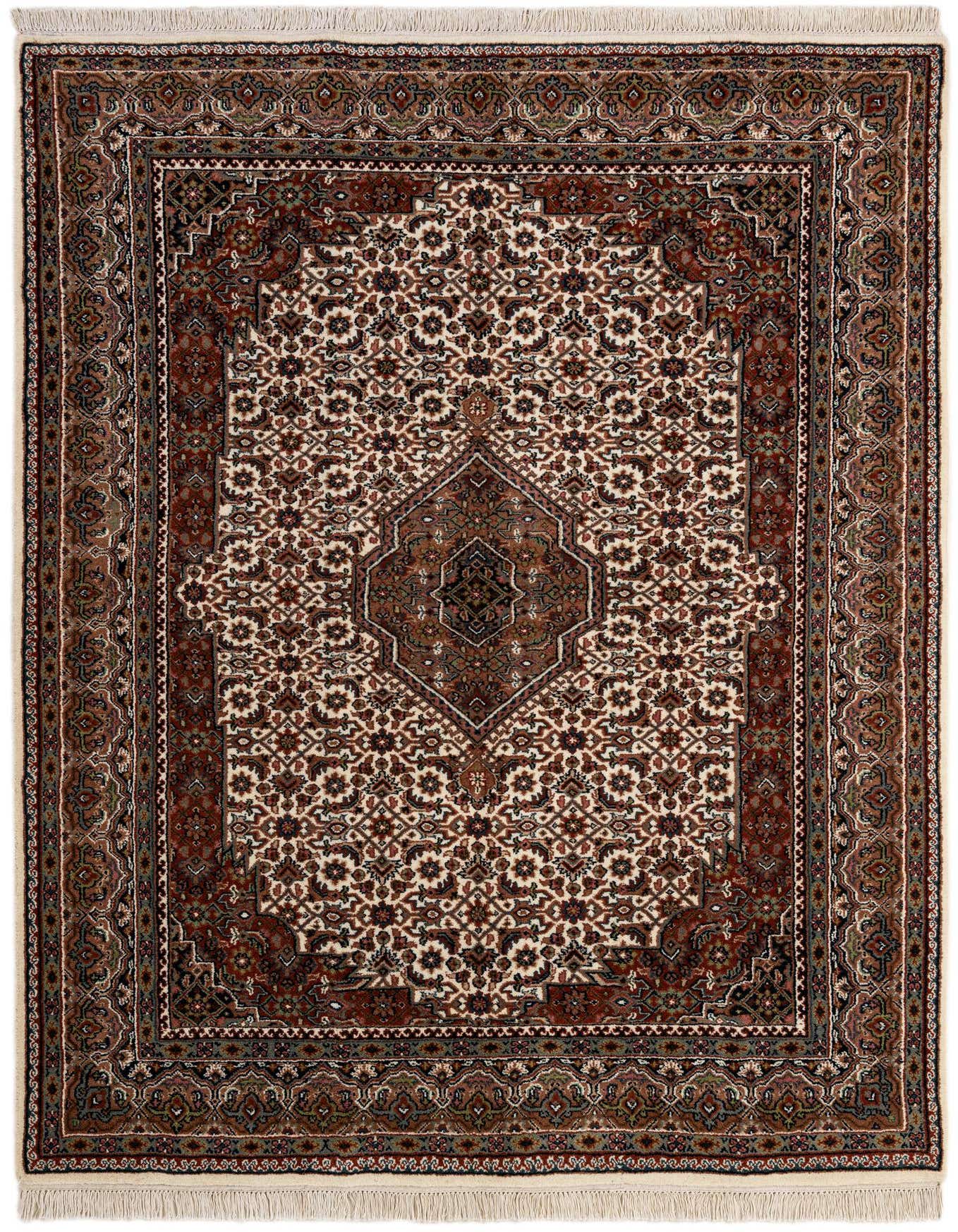 A rectangular 5x8 ivory and brown traditional Bidjar wool rug with an intricate medallion pattern and fringe.