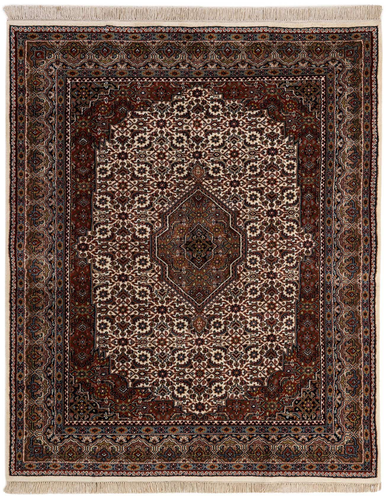 A rectangular 5x8 ivory and red traditional Bidjar wool rug with an ornate medallion pattern and fringe.