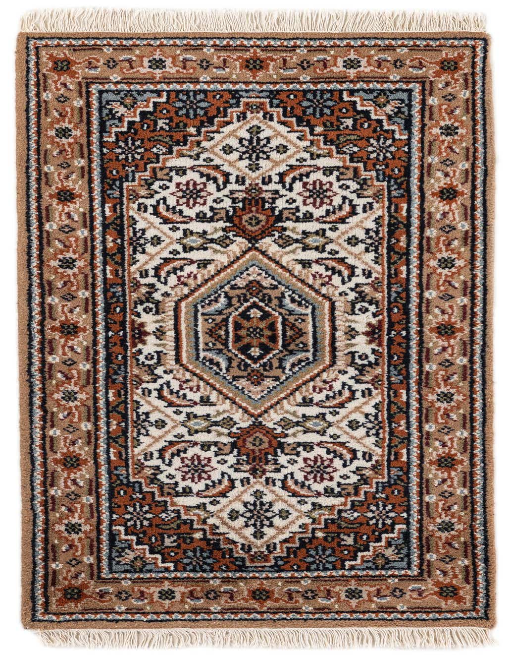 A rectangular 3x5 traditional wool rug with an ivory and cream background, featuring an intricate oriental medallion pattern in shades of brown, rust, black, and light blue, with fringed ends.