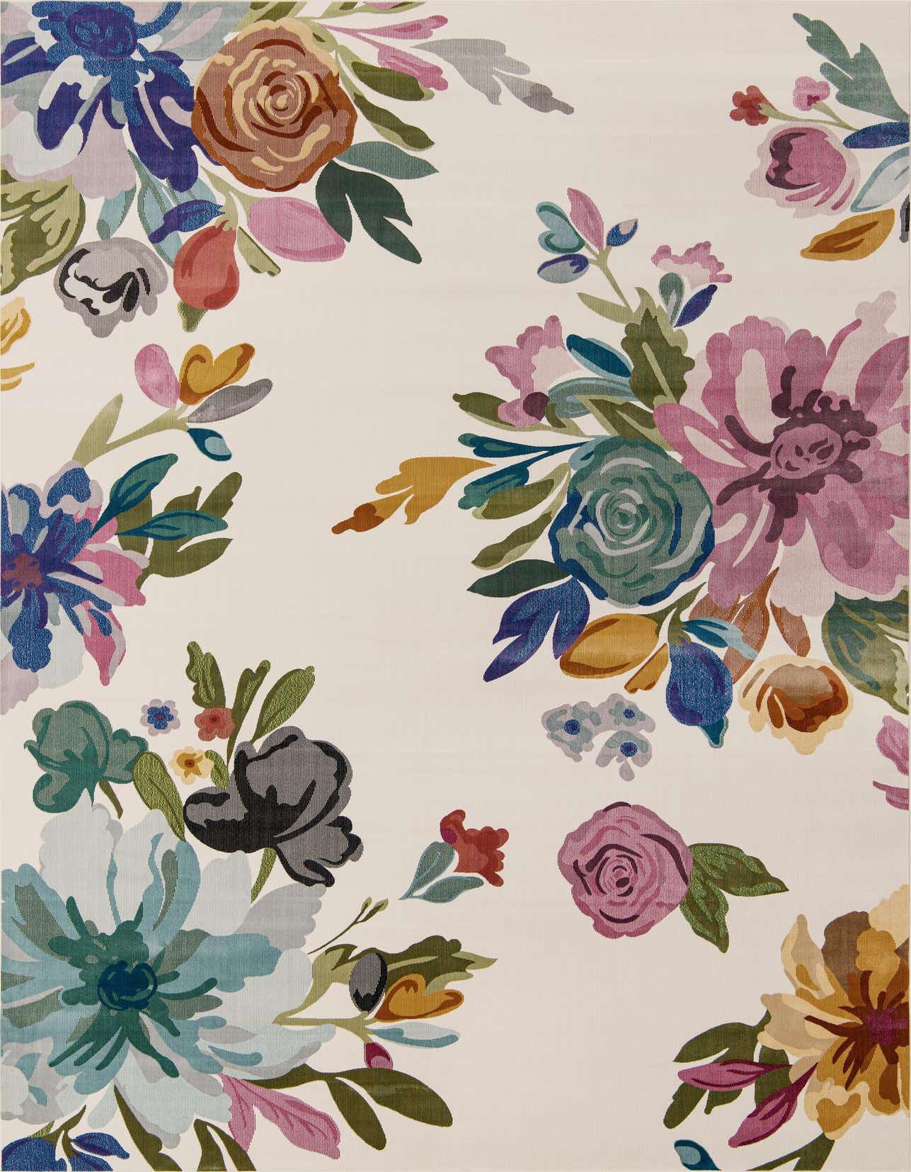 A 5x8 rectangular ivory rug with a modern floral and botanical pattern in shades of blue, pink, green, and brown.