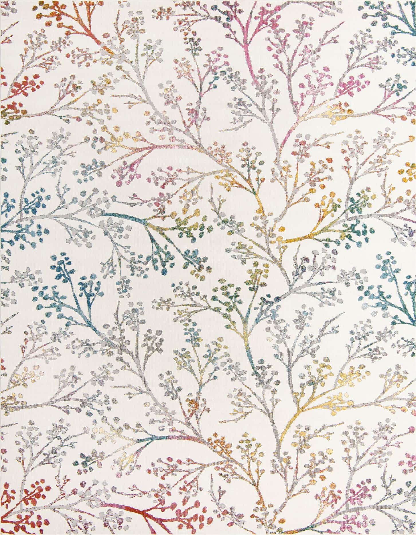 A 9x12 rectangular ivory rug with a modern botanical pattern of colorful branches and leaves in shades of pink, blue, green, and orange.