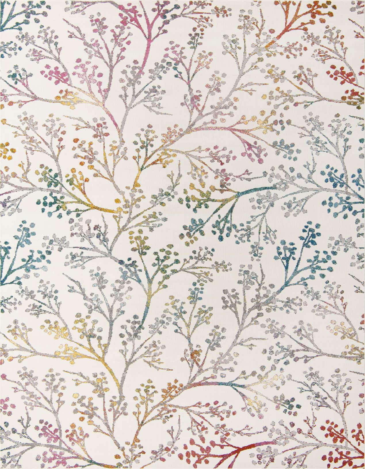 A 5x8 rectangular ivory rug with a modern botanical pattern of colorful branches and leaves in shades of pink, blue, green, and yellow.