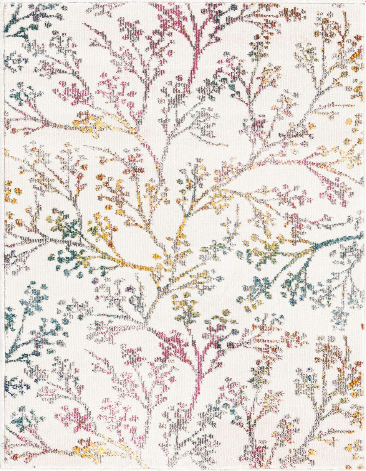 A 2x3 rectangular ivory rug with a modern botanical pattern featuring colorful branches and small blossoms in pink, yellow, blue, and green.