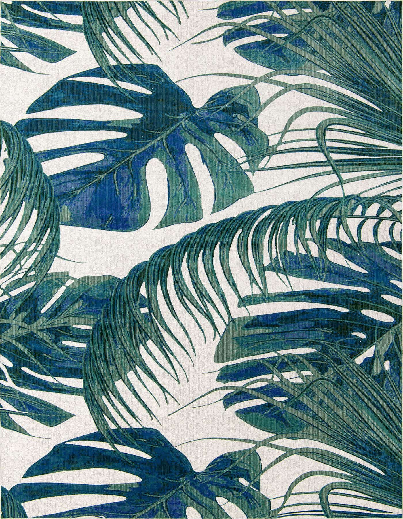 A 10x14 rectangular ivory rug featuring a modern botanical pattern of large blue monstera and green palm leaves, perfect for a coastal-themed indoor space.