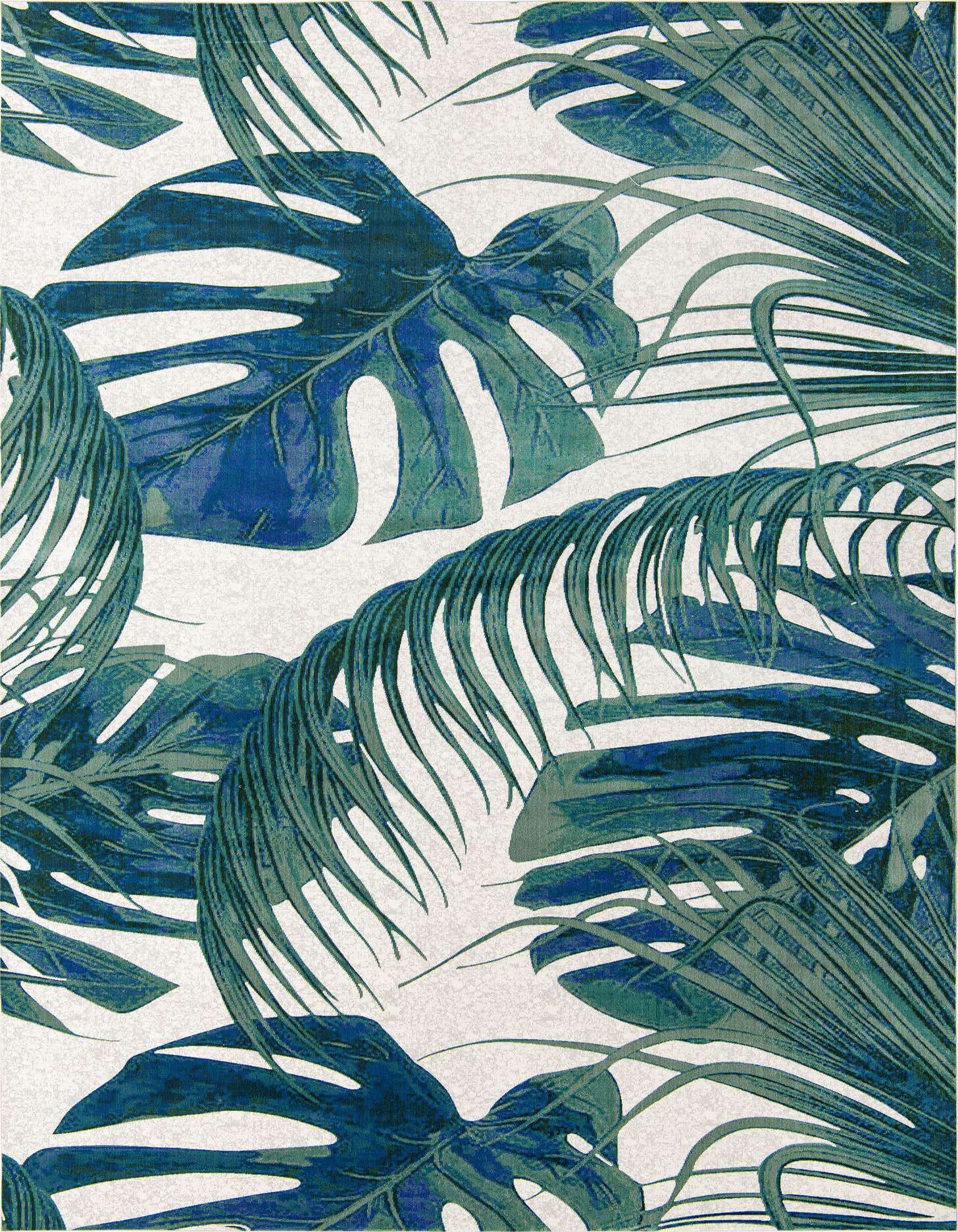 A 9x12 rectangular rug featuring a vibrant botanical pattern of large blue monstera and green palm leaves on an ivory background.