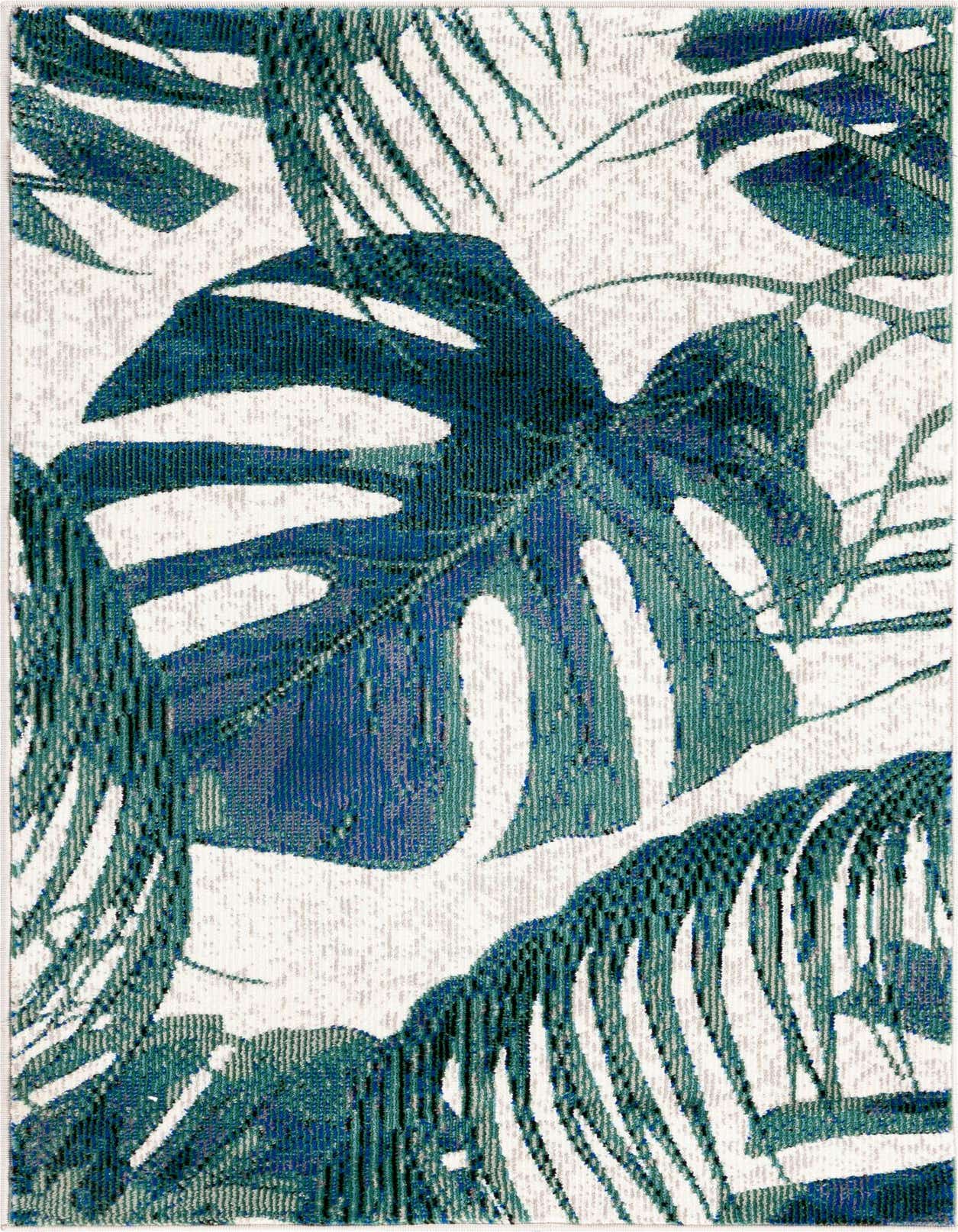 A 2x3 rectangular rug featuring a vibrant tropical leaf pattern in shades of blue and green on an ivory background.