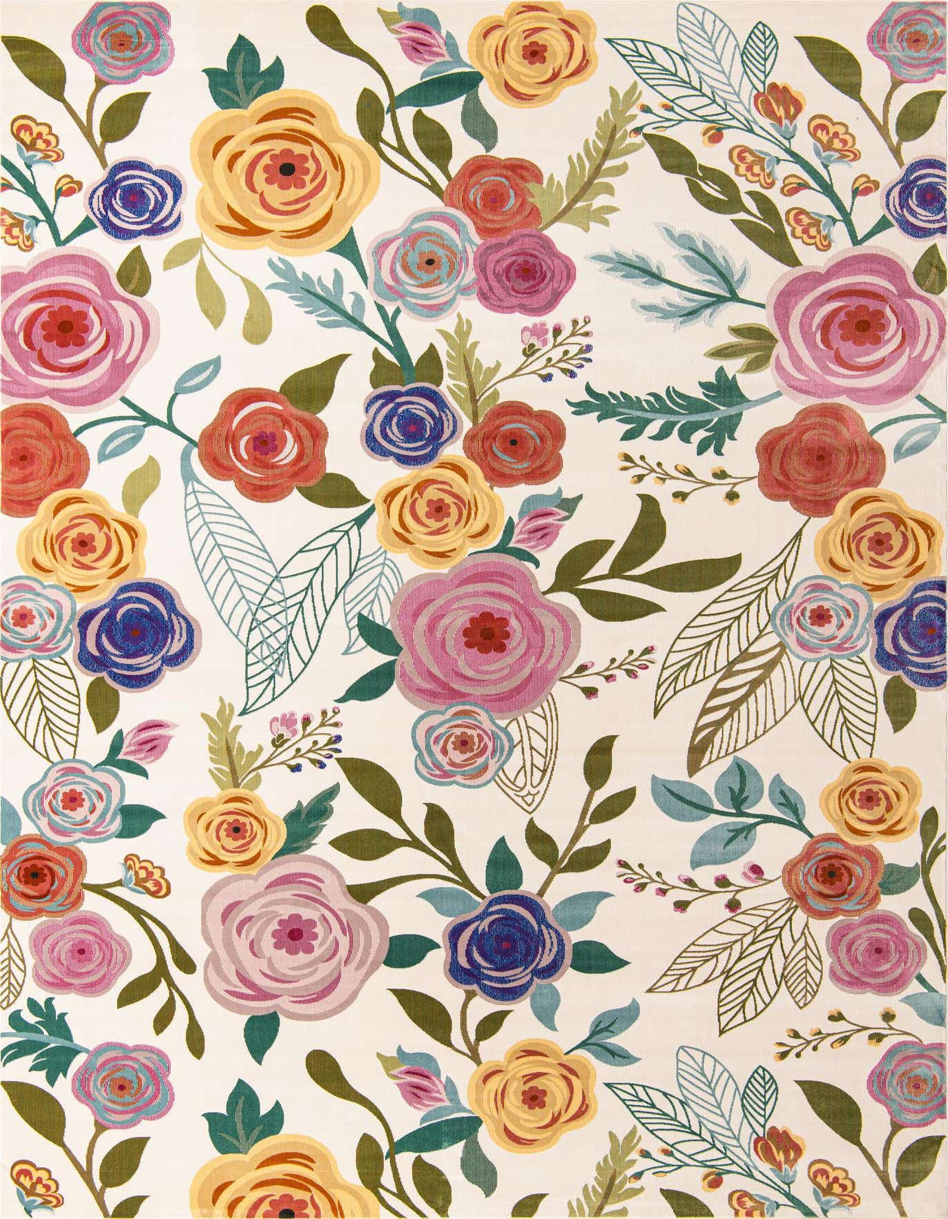 A 10x14 rectangular ivory rug featuring a vibrant, modern floral pattern with large pink, yellow, blue, and red roses and green leaves.
