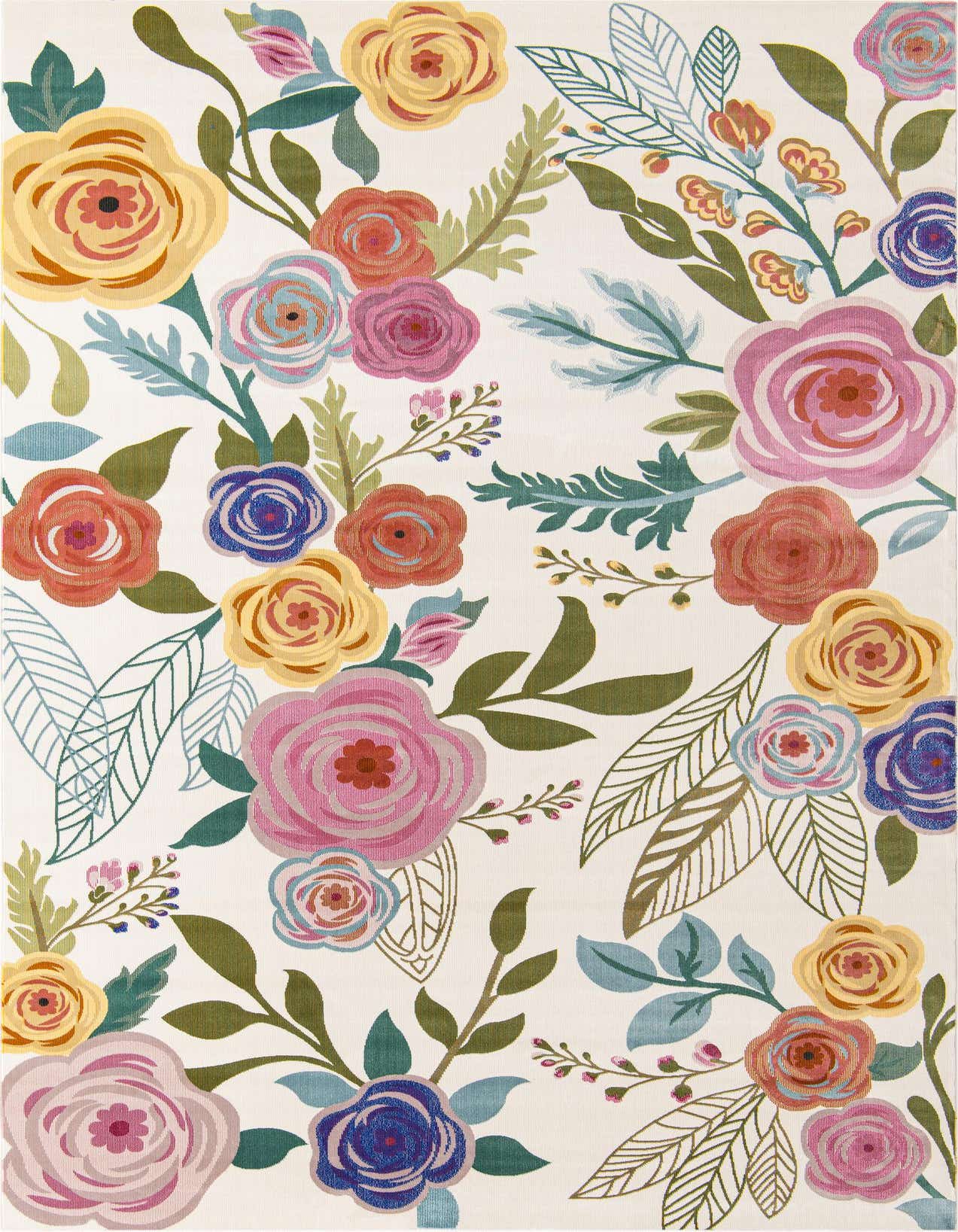 A 3x5 rectangular rug with a modern floral pattern on an ivory background, featuring colorful roses and leaves in shades of pink, yellow, blue, and green.
