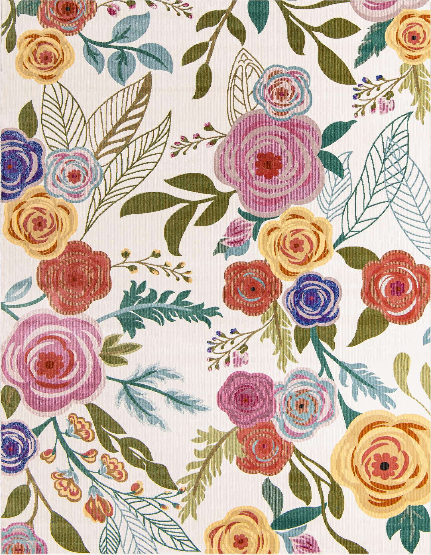 A 6x9 rectangular ivory modern floral rug with colorful roses and leaves, perfect for a living room.