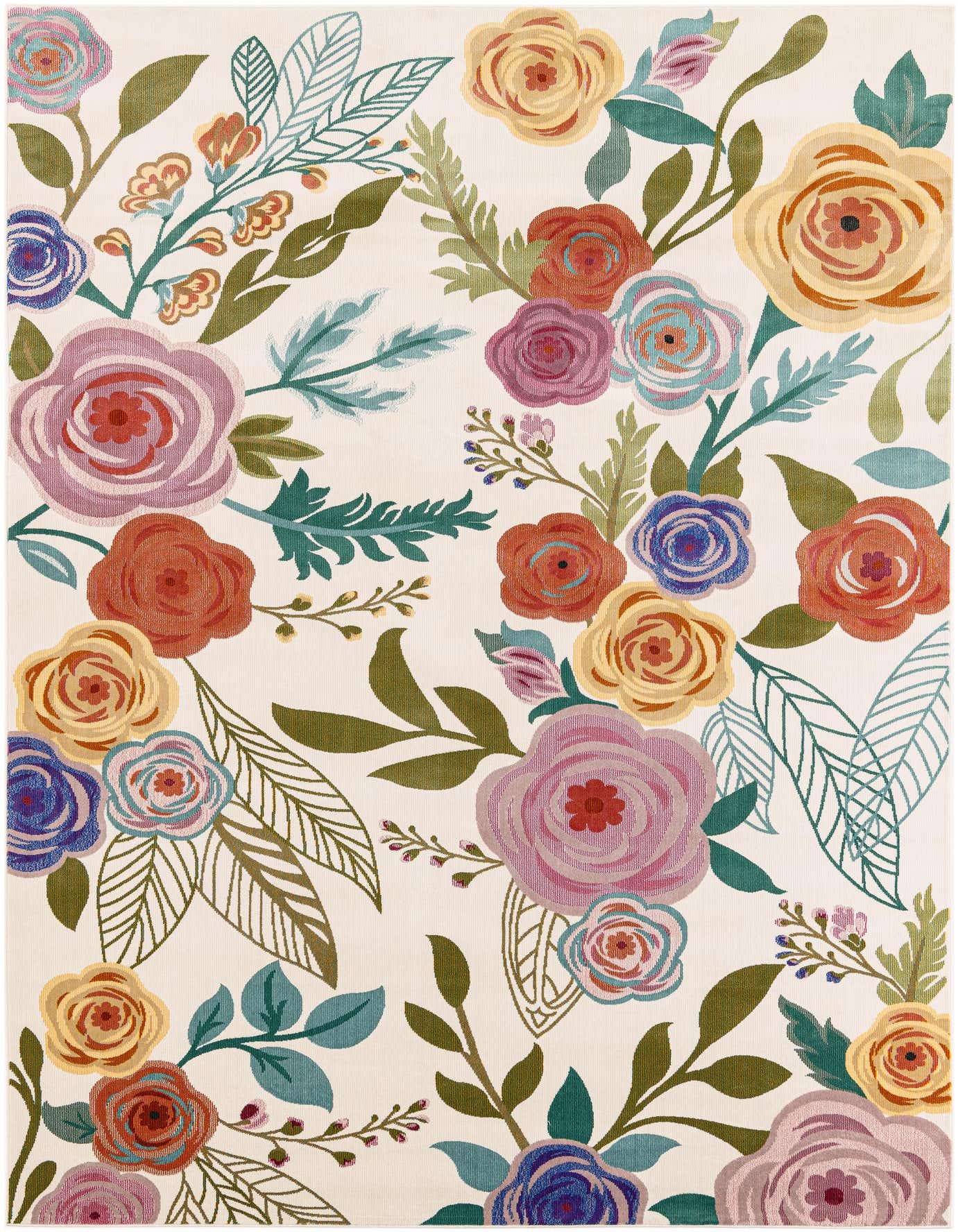 A 7x10 rectangular ivory rug with a vibrant modern floral pattern featuring large roses and leaves in various shades of pink, orange, yellow, blue, and green.