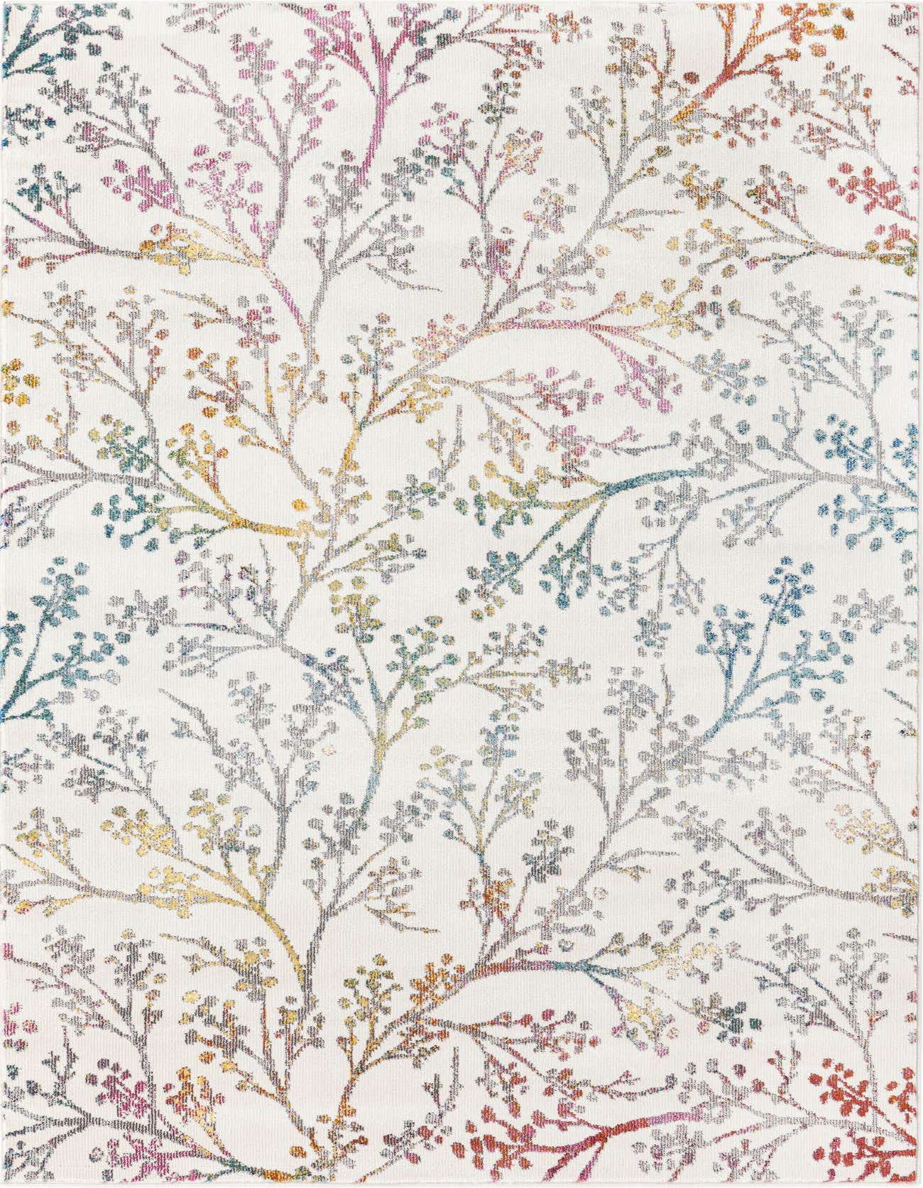 A 3x5 rectangular ivory rug with a modern floral pattern of colorful branches and small leaves in various hues.