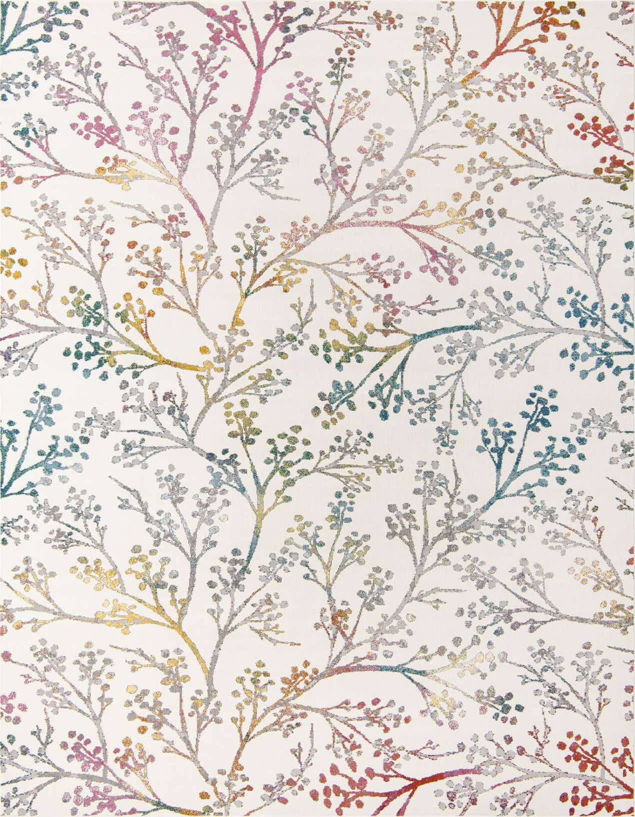 A 6x9 rectangular ivory modern rug featuring a vibrant floral pattern with multi-colored branches and leaves.