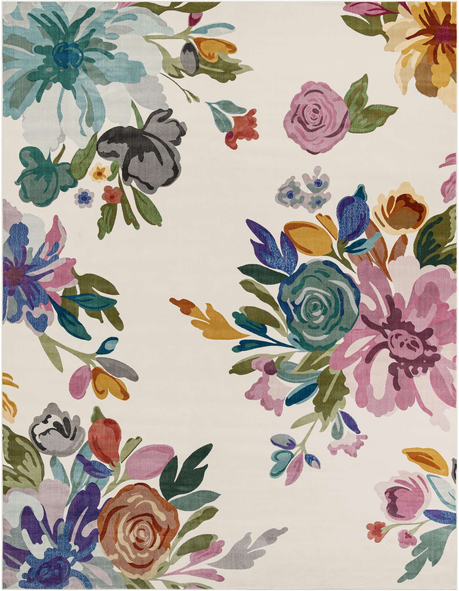 A 10x13 rectangular ivory rug featuring a vibrant floral pattern with large blooms in teal, pink, purple, and orange.