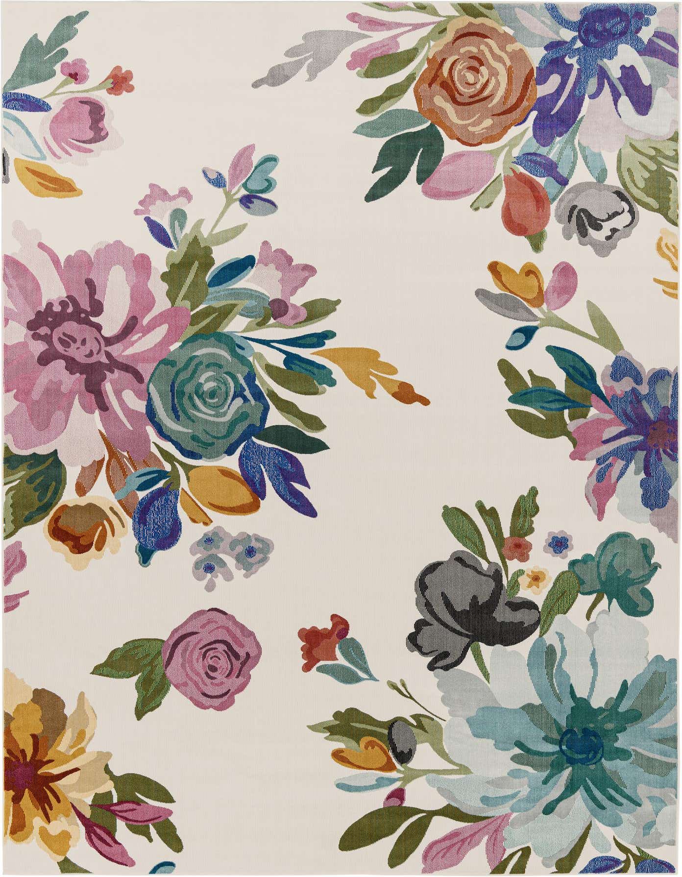 An 8x11 rectangular ivory modern rug with a vibrant floral pattern featuring large blossoms in pink, blue, orange, and green.