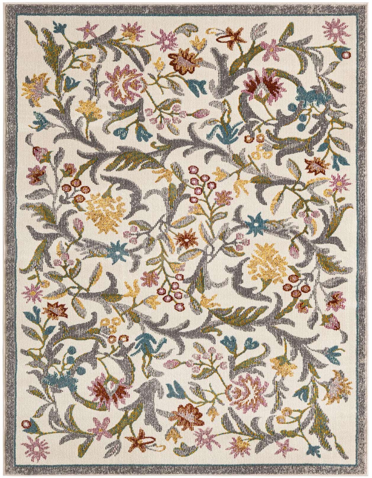 A 3x5 rectangular ivory rug with a vibrant floral pattern featuring yellow, pink, blue, and brown flowers and green and grey leaves.