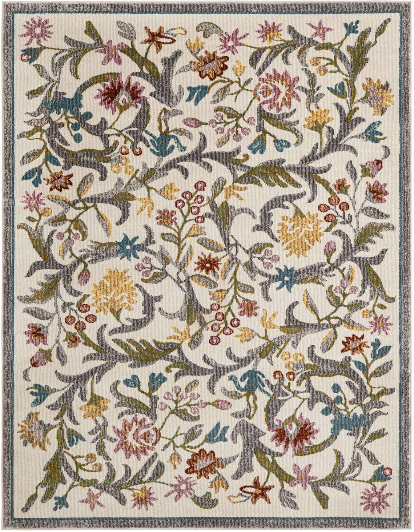 A 4x6 rectangular ivory area rug featuring a dense, colorful floral and botanical pattern with gray vines and teal, yellow, and red flowers.