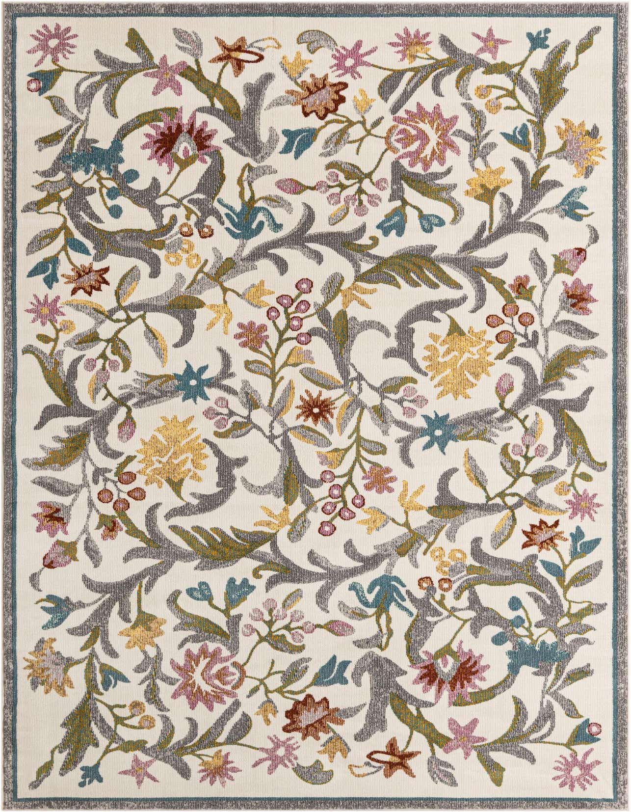 A 5x8 rectangular ivory rug with a vibrant floral and botanical pattern in shades of pink, yellow, blue, and green, featuring a subtle border.
