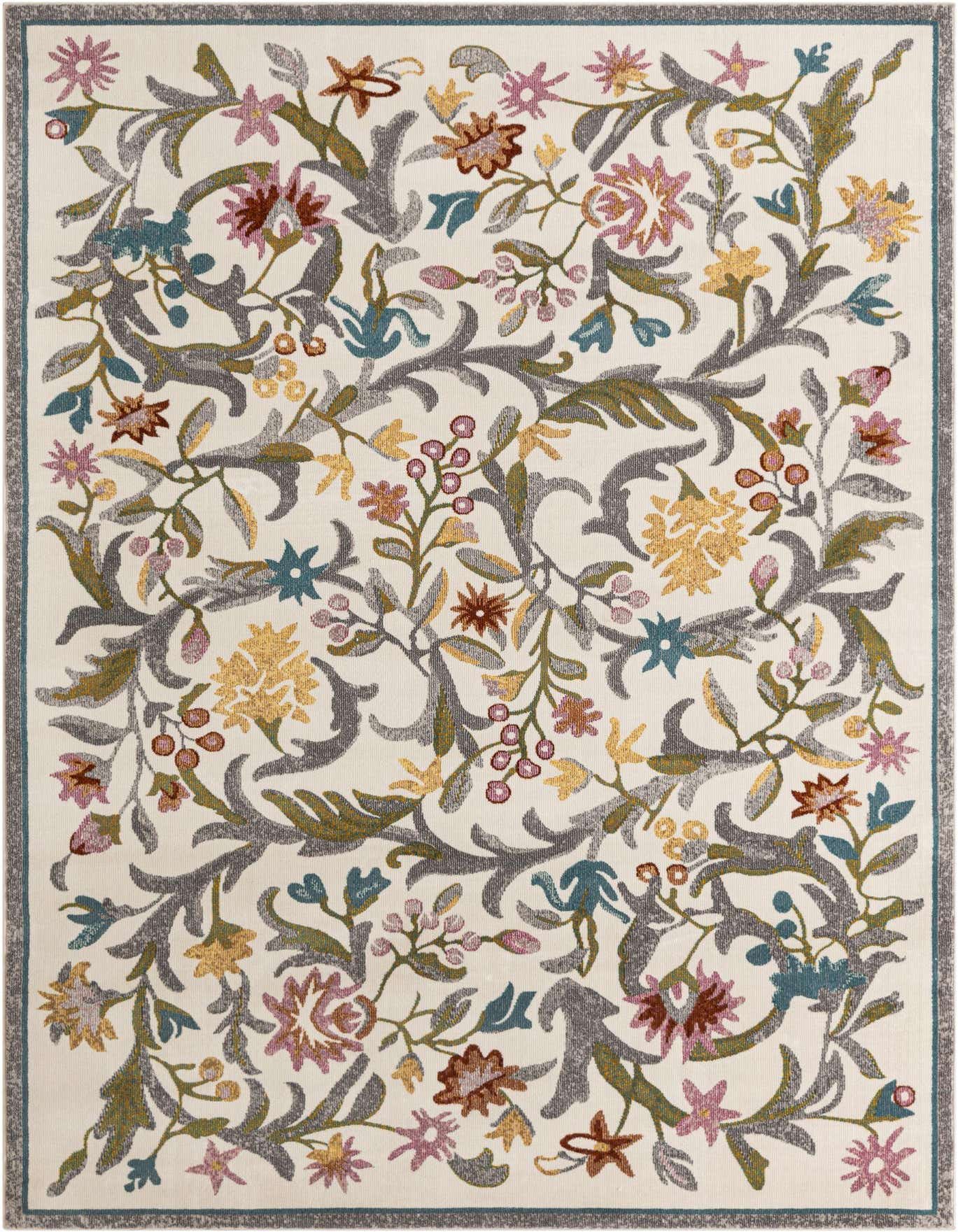 A 6x9 rectangular ivory rug with a vibrant floral and botanical pattern in shades of green, yellow, pink, and blue.