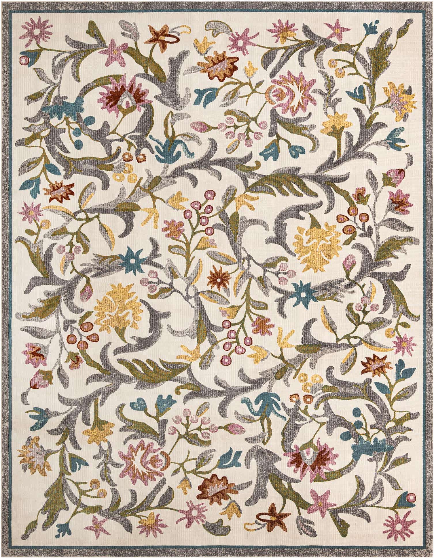 A 9x12 rectangular ivory rug with a vibrant floral and vine pattern in shades of teal, gold, pink, and green, bordered by a subtle gray edge.