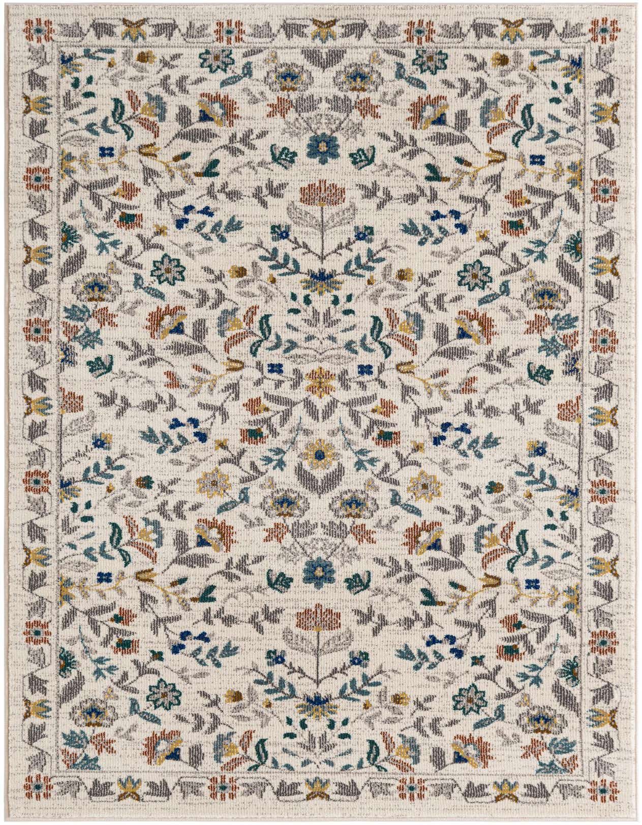 A 3x5 rectangular ivory area rug with a detailed floral and botanical pattern in blue, gold, rust, and grey.