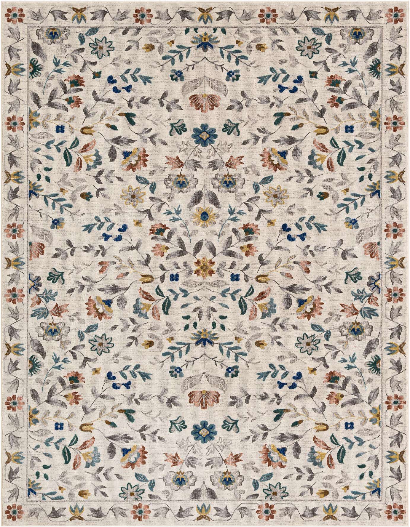 A 5x8 rectangular ivory area rug with a detailed floral pattern in blue, green, and orange, framed by a decorative border.