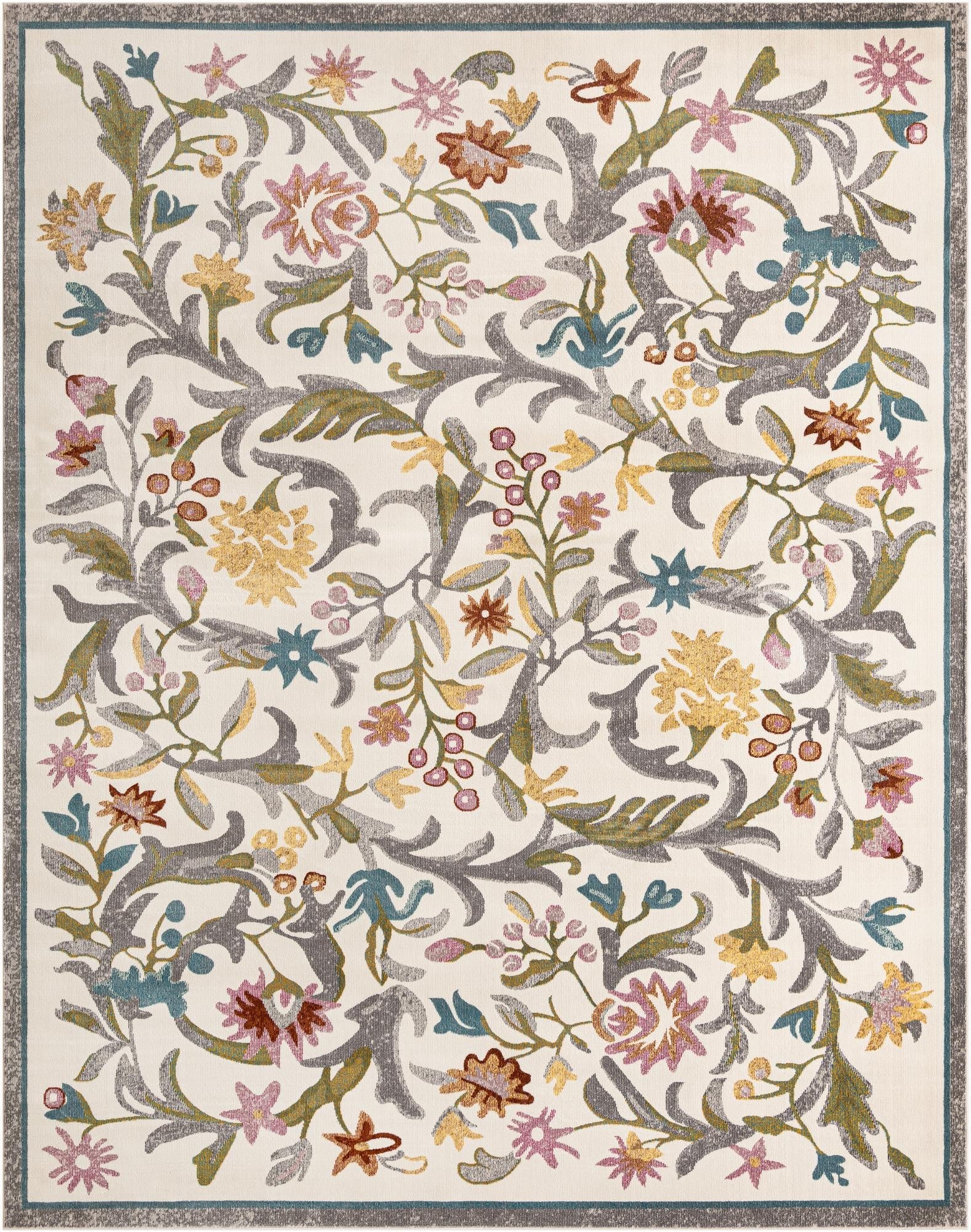 An 8x10 rectangular ivory rug with a vibrant floral and botanical pattern in shades of pink, yellow, blue, and green.