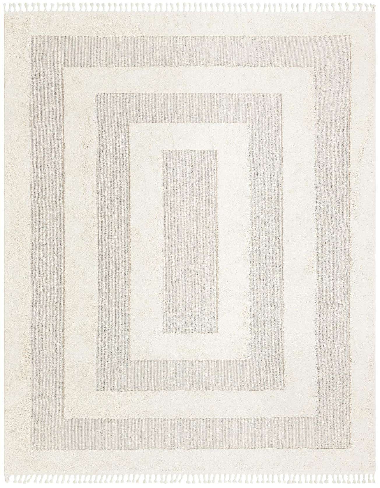 A 10x14 rectangular ivory and cream modern rug with a striped, textured geometric pattern and fringe.