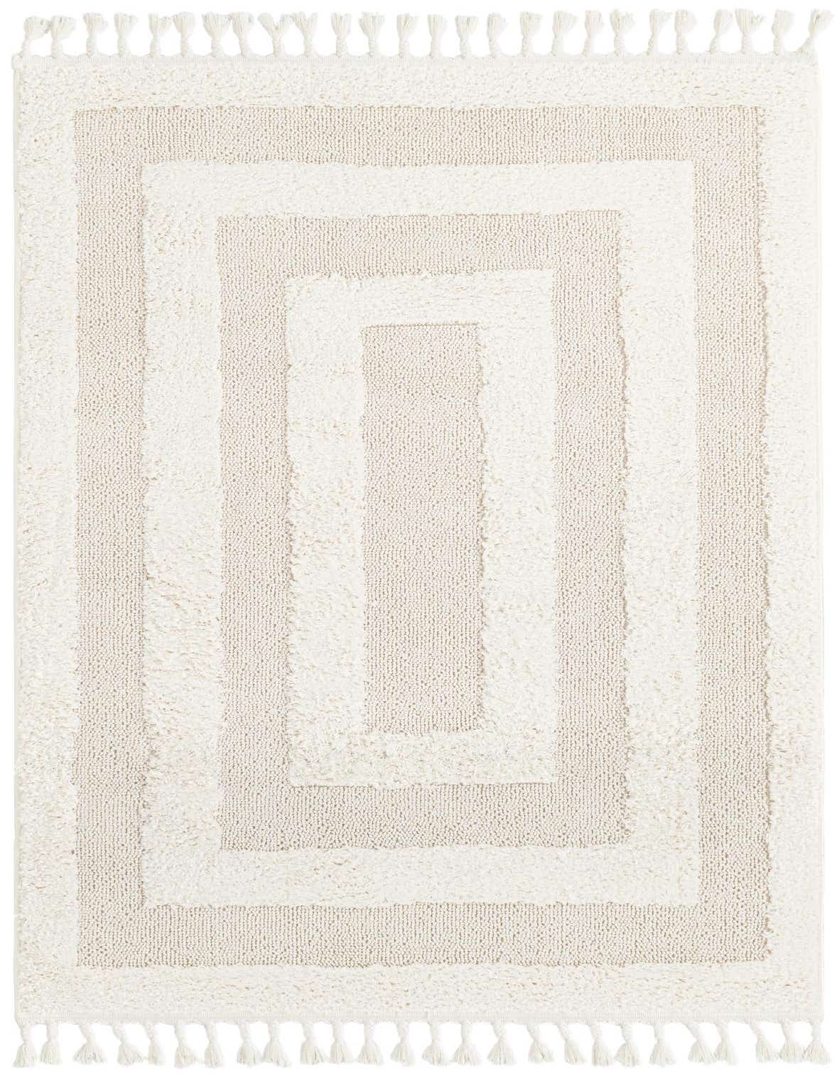 A 2x3 rectangular ivory and cream rug with a modern striped pattern and decorative tassels on the ends.