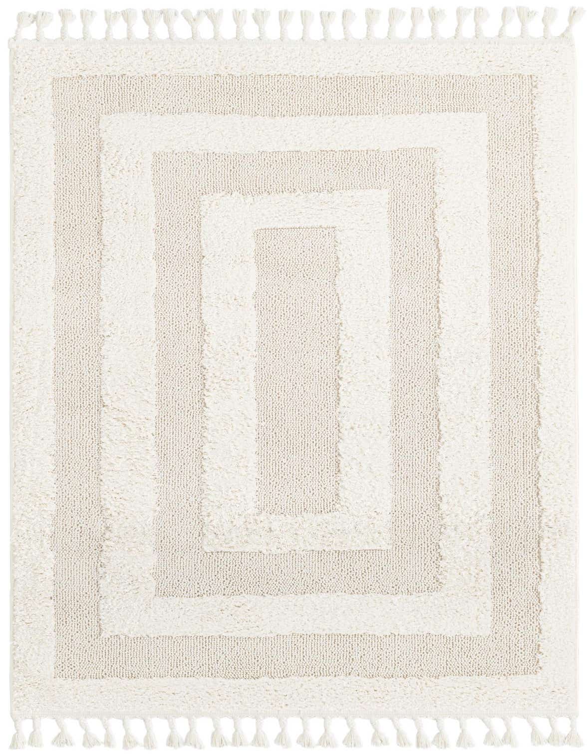 A 4x6 rectangular ivory and cream modern rug with a striped pattern and decorative tassels on the ends.